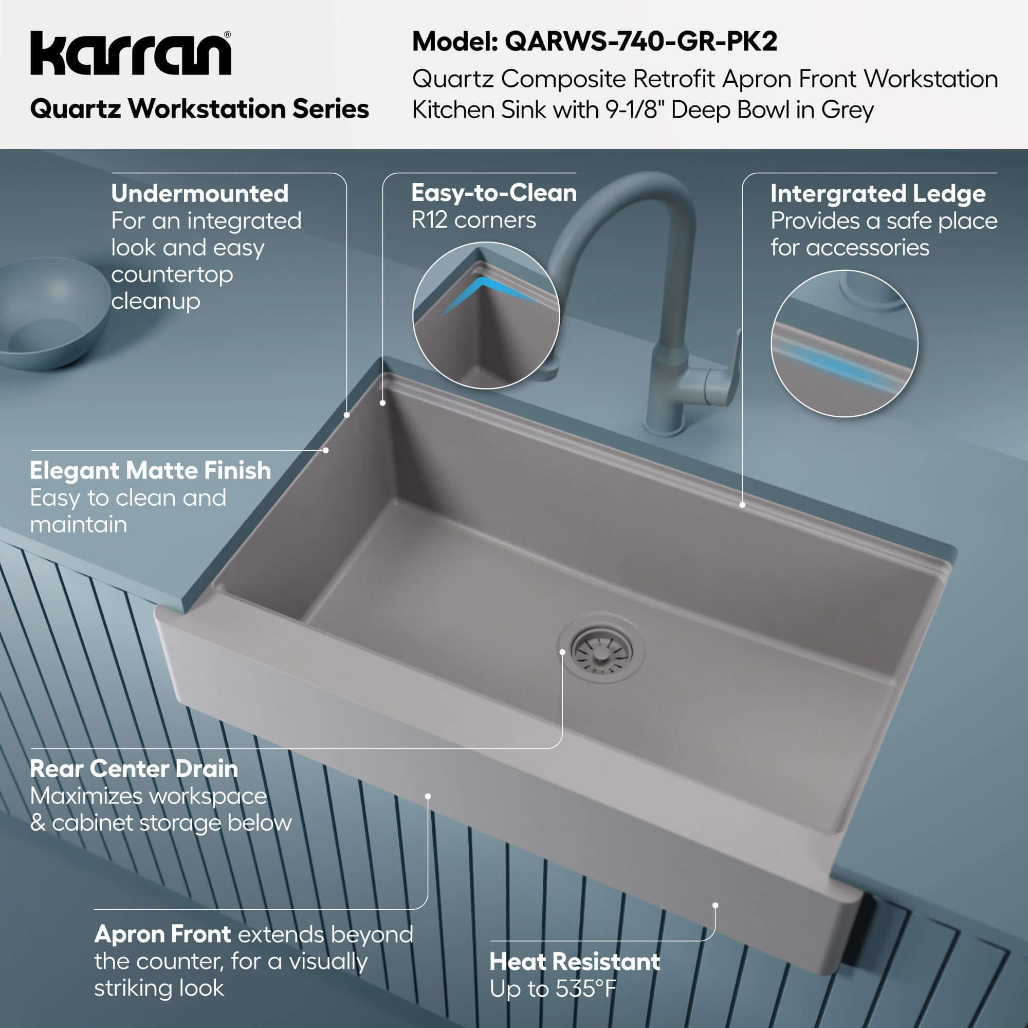 Karran 34 quartz composite retrofit workstation farmhouse sink grey informational image
