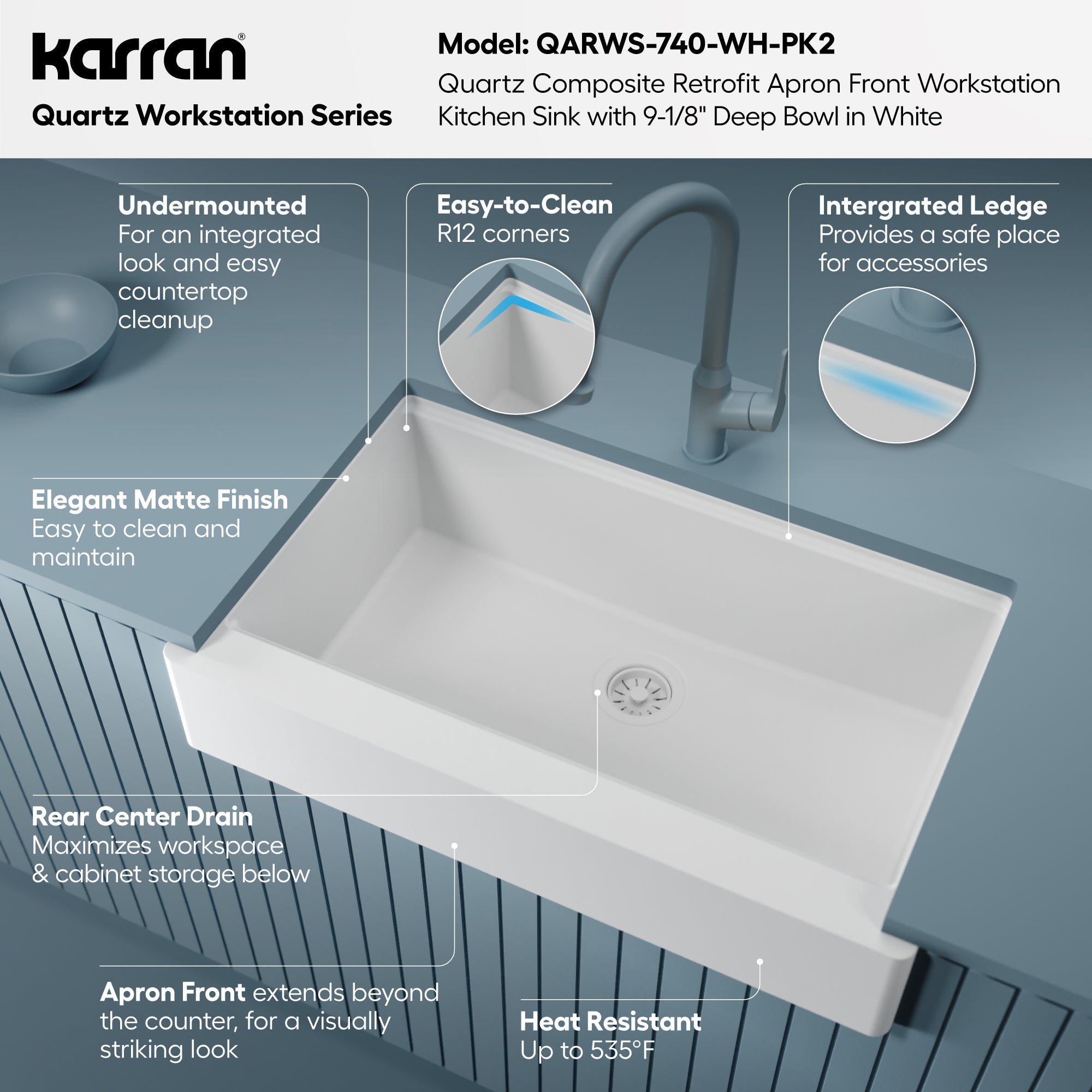 Karran 34 quartz composite retrofit workstation farmhouse sink white informational image