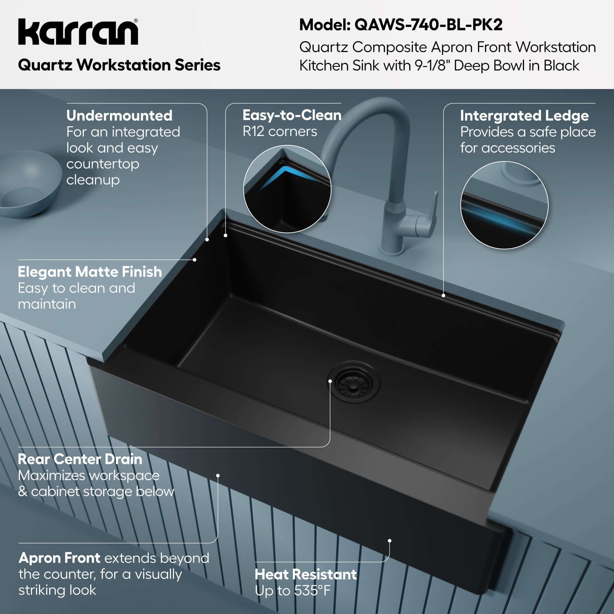 Karran 34 quartz composite workstation farmhouse sink black informational image