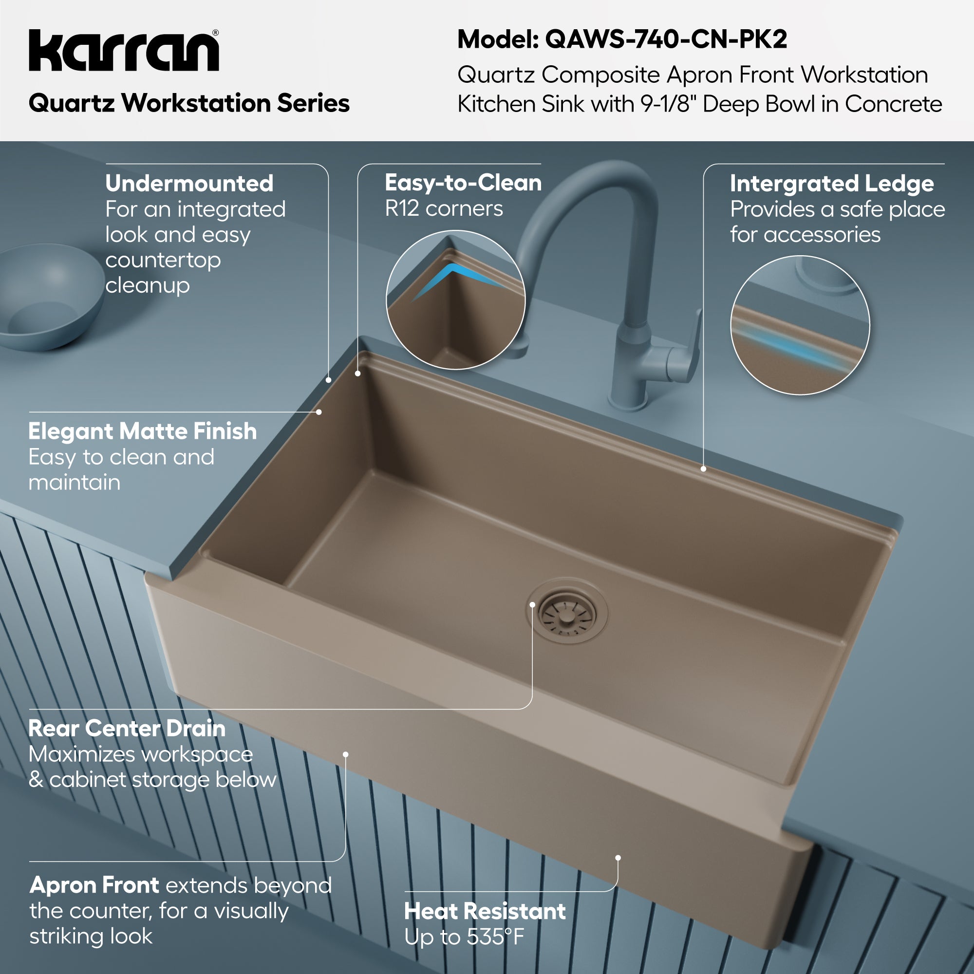 Karran 34 quartz composite workstation farmhouse sink concrete informational image