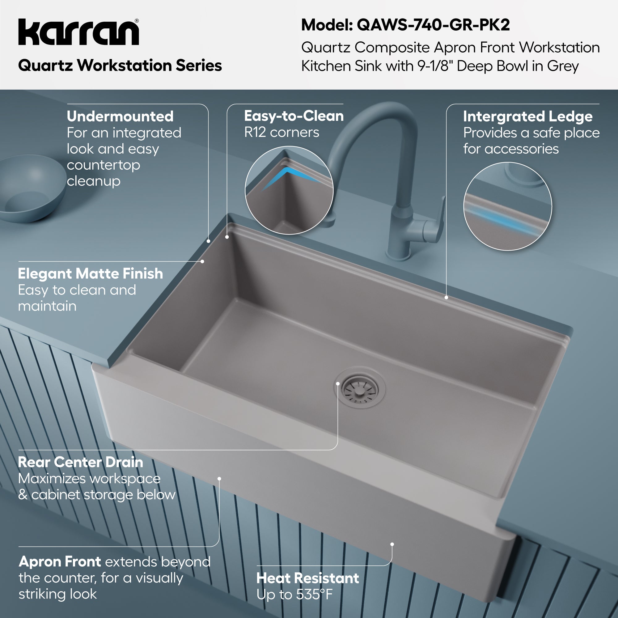Karran 34 quartz composite workstation farmhouse sink grey informational image