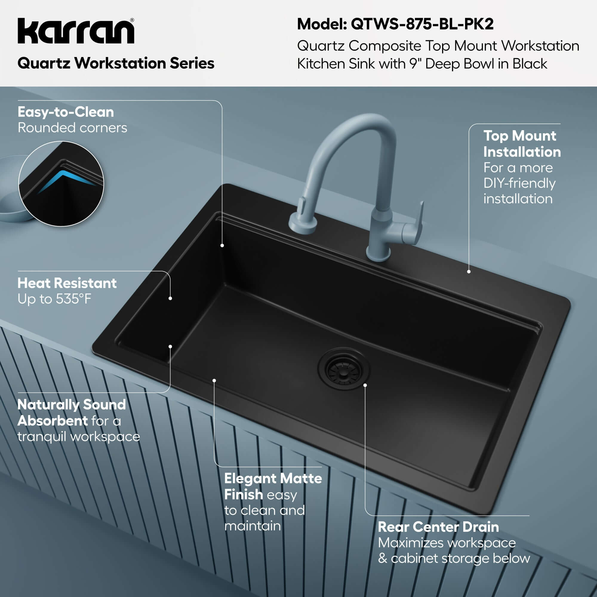 Karran 33 quartz composite workstation kitchen sink black informational image