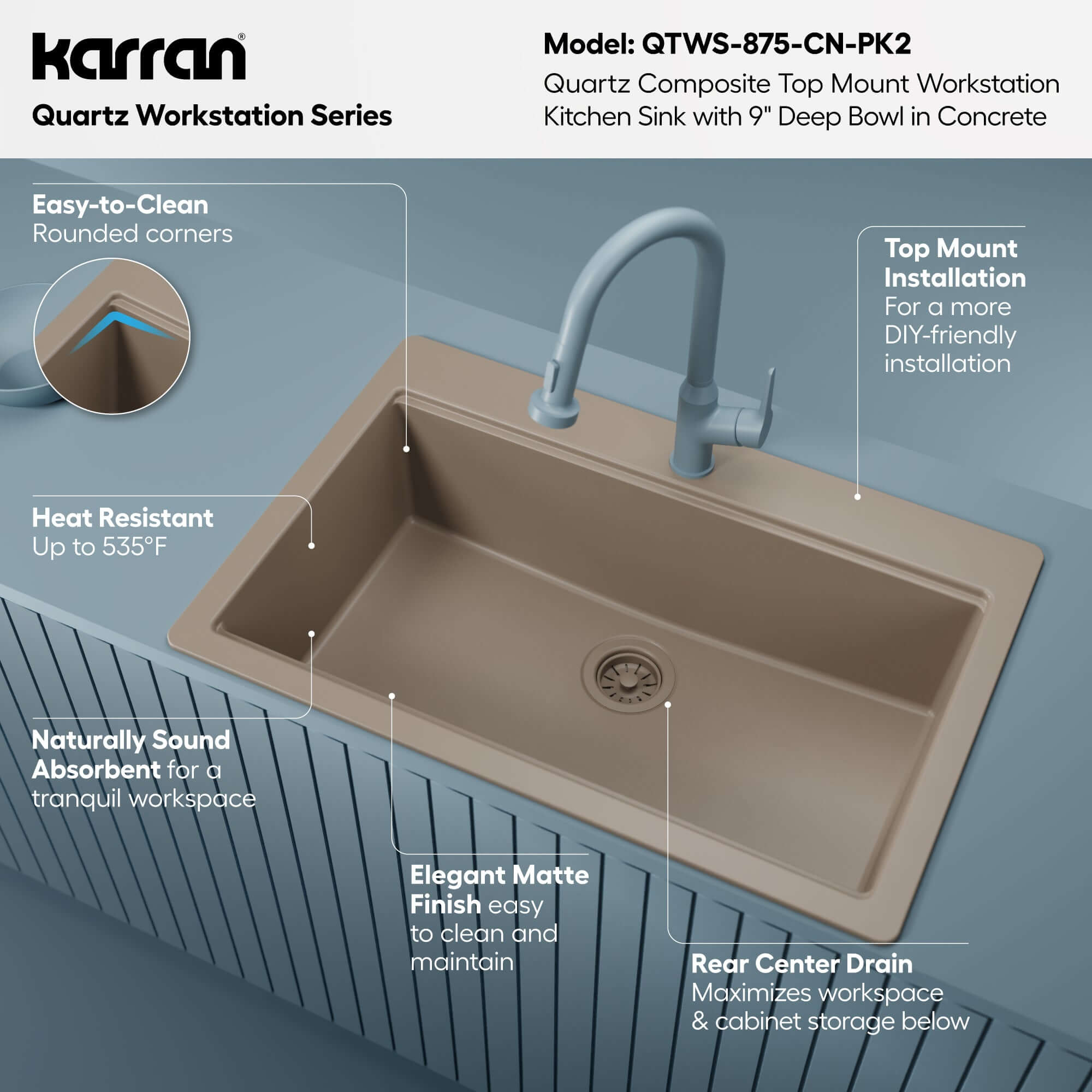 Karran 33 quartz composite workstation kitchen sink concrete informational image