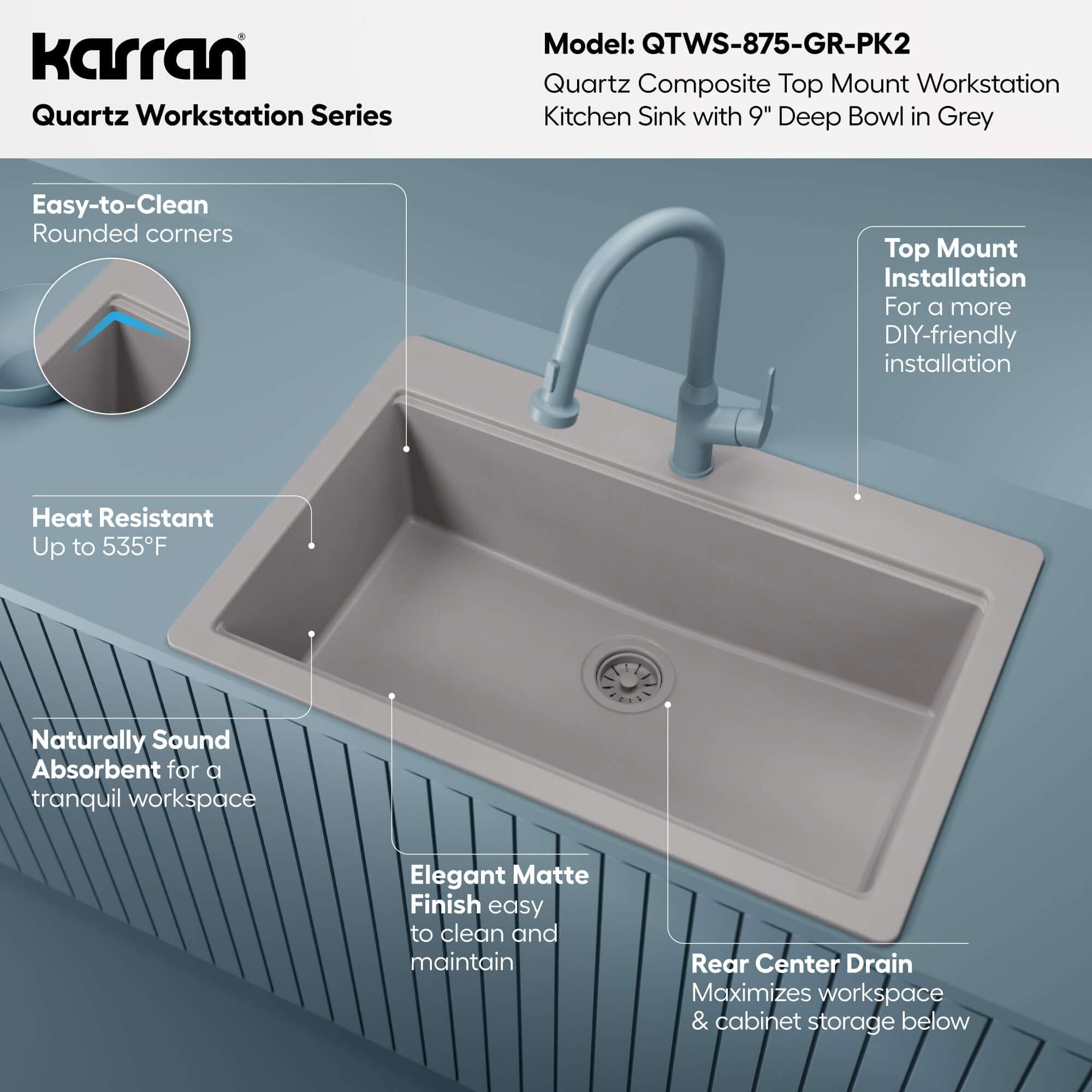 Karran 33 quartz composite workstation kitchen sink grey informational image