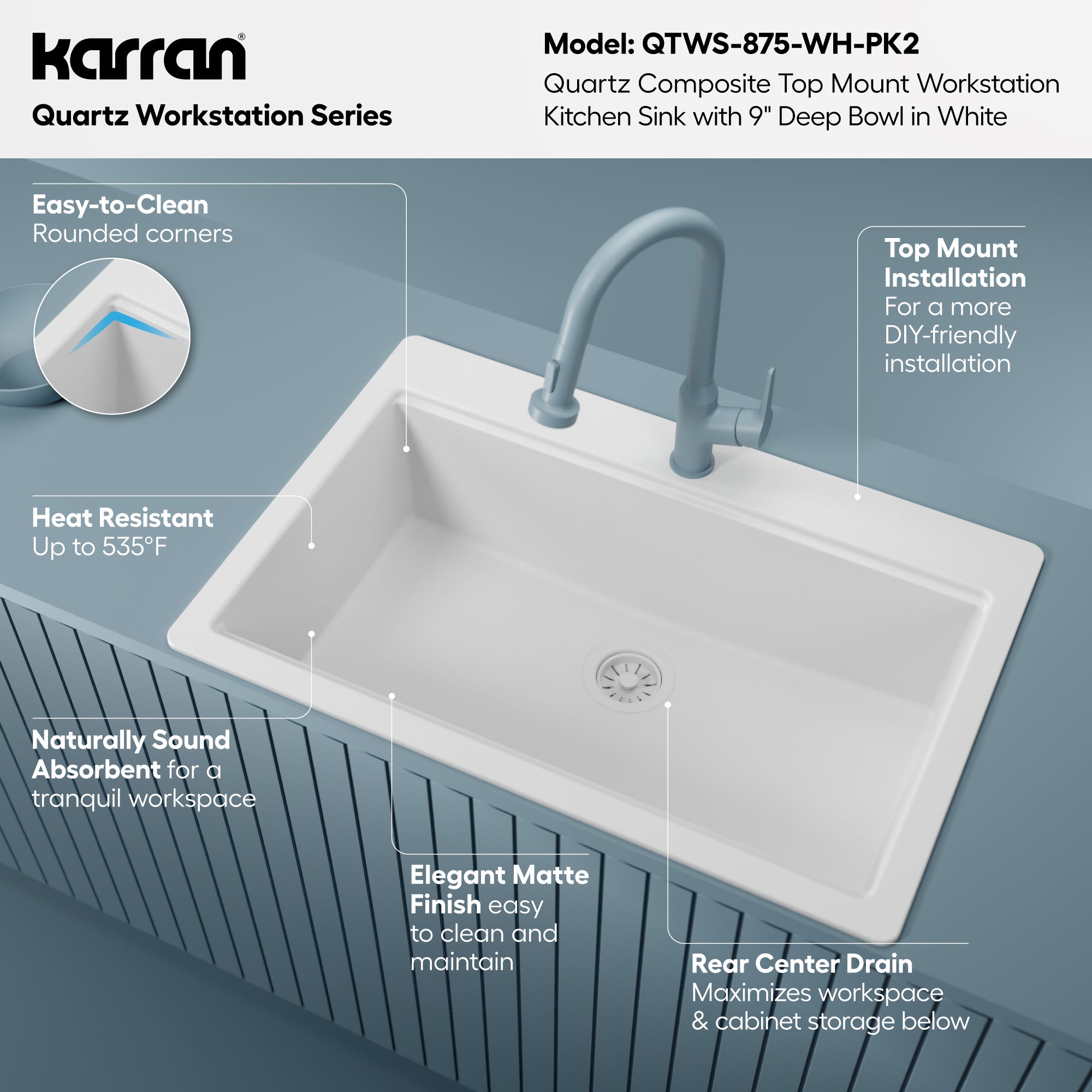 Karran 33 quartz composite workstation kitchen sink white informational image