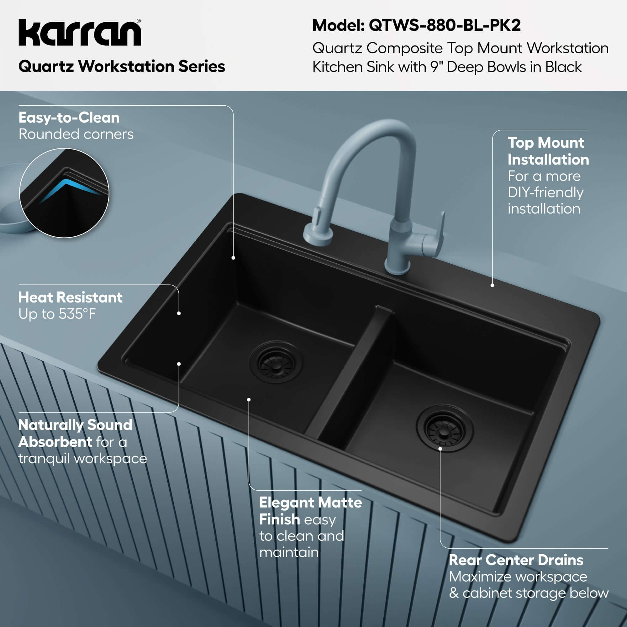 Karran 33 quartz composite workstation kitchen sink 50/50 double bowl black informational image