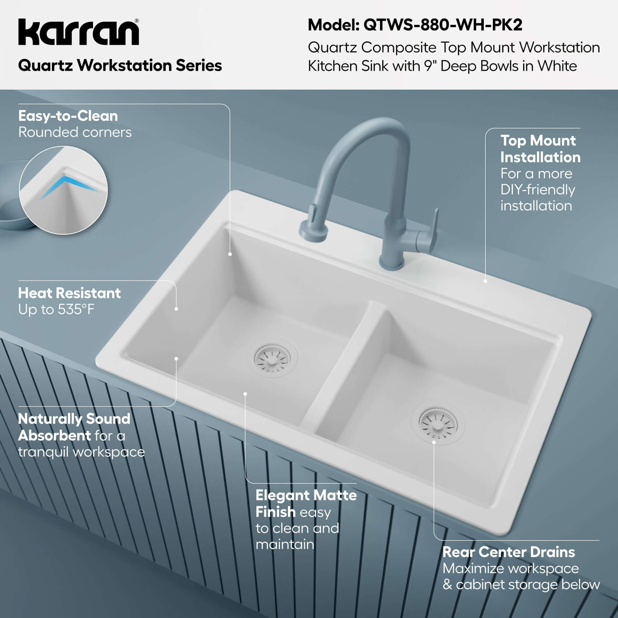 Karran 33 quartz composite workstation kitchen sink 50/50 double bowl white informational image