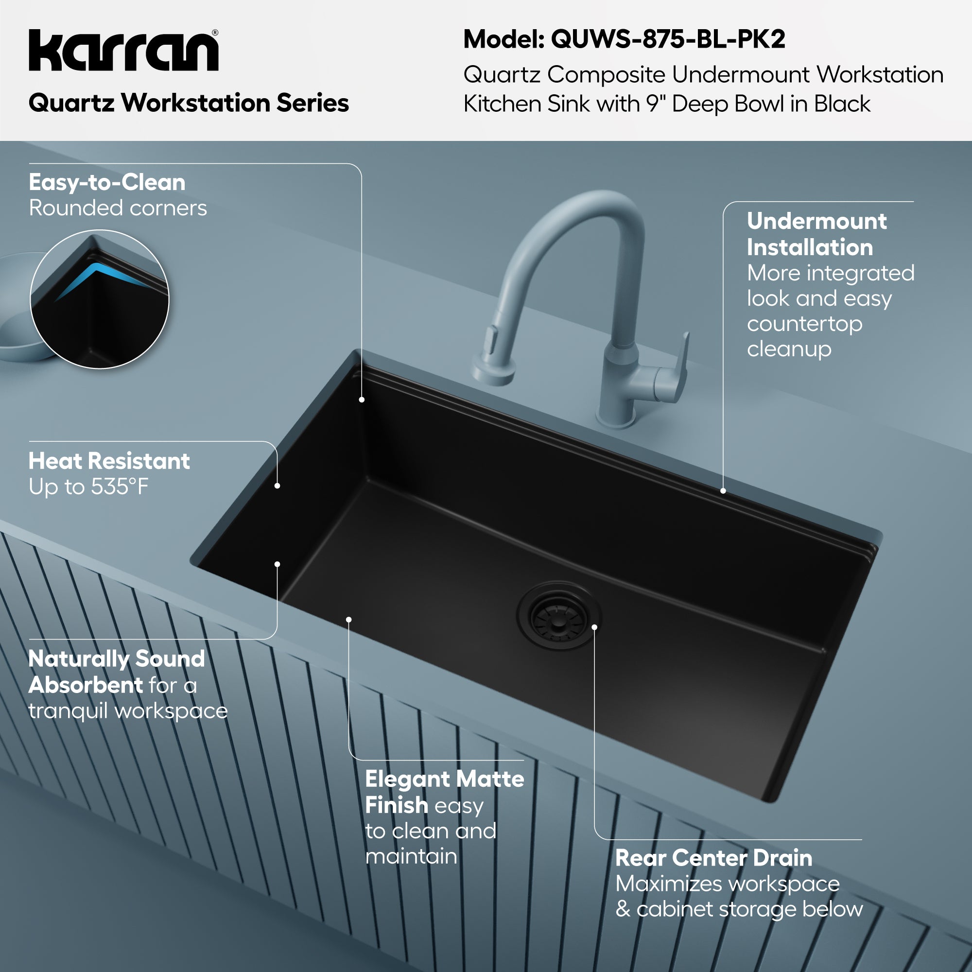 Karran 32 quartz composite workstation kitchen sink black informational image