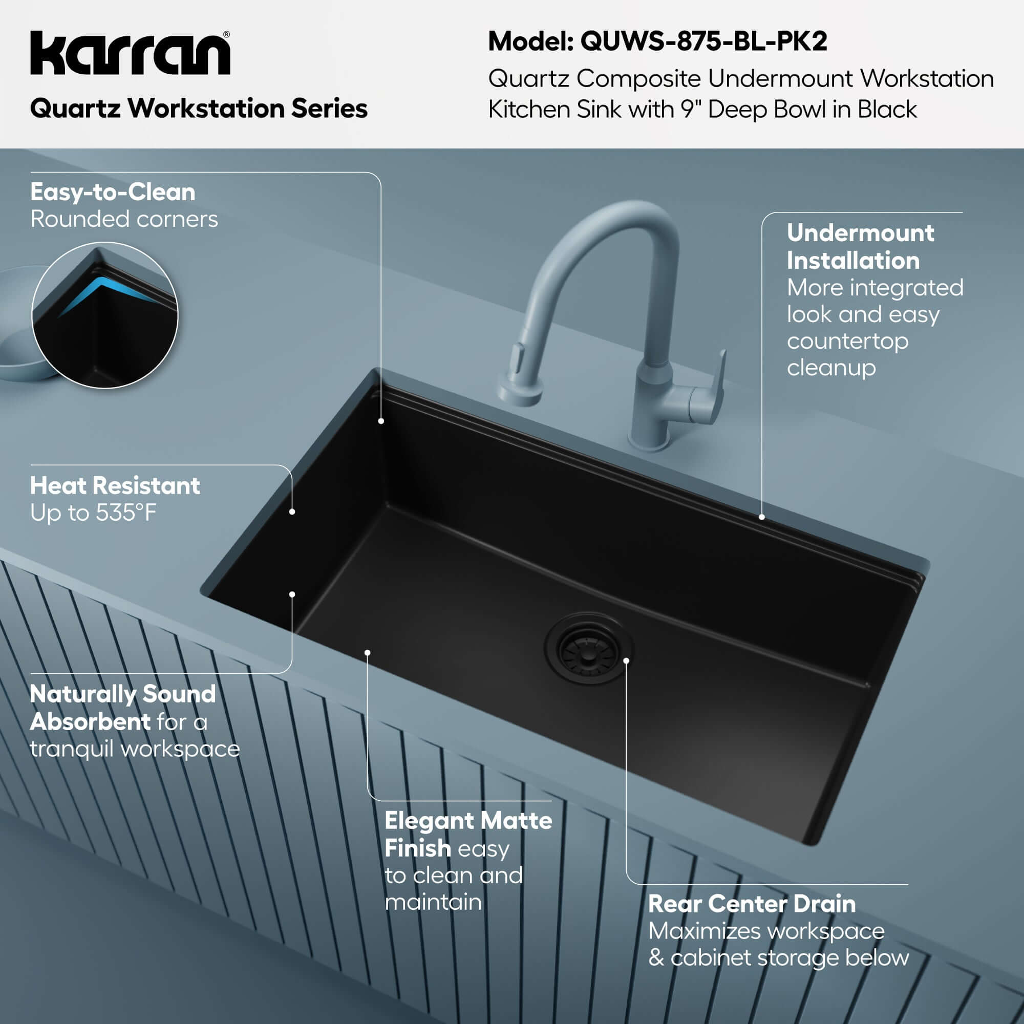 Karran 32 quartz composite workstation kitchen sink black informational image