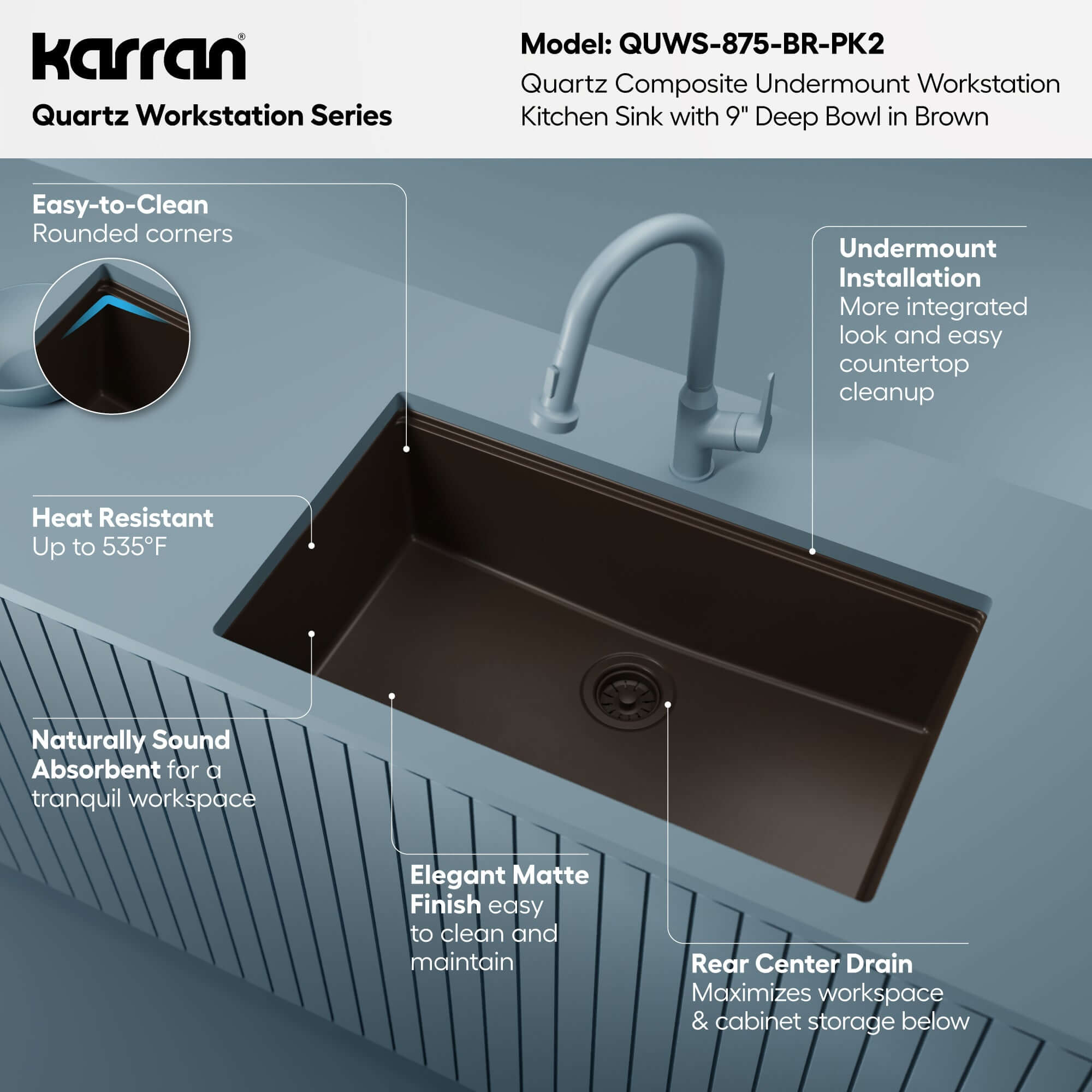Karran 32 quartz composite workstation kitchen sink brown informational image
