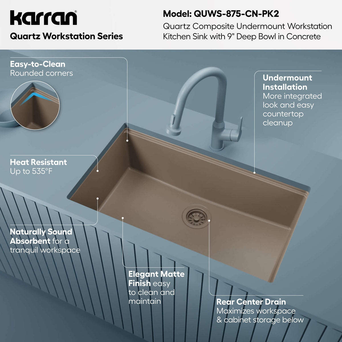 Karran 32 quartz composite workstation kitchen sink concrete informational image