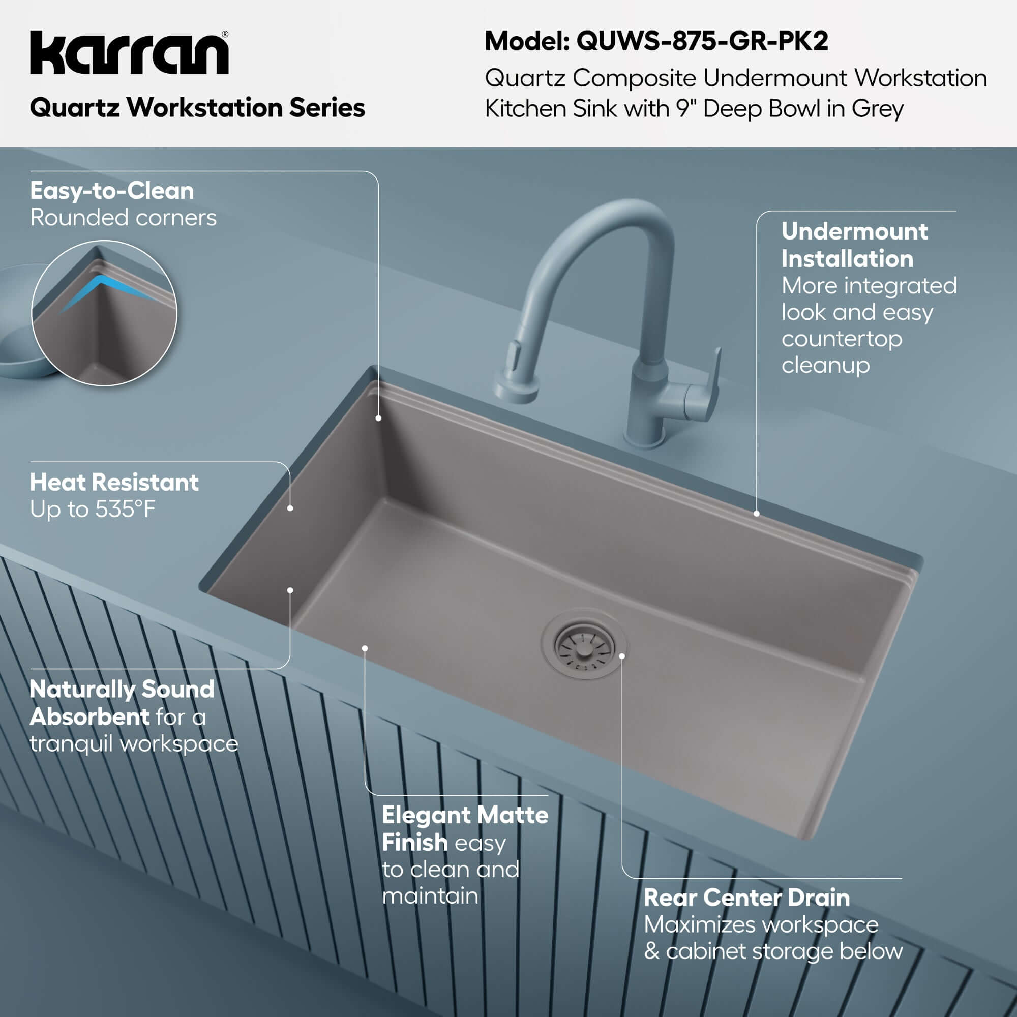Karran 32 quartz composite workstation kitchen sink grey informational image