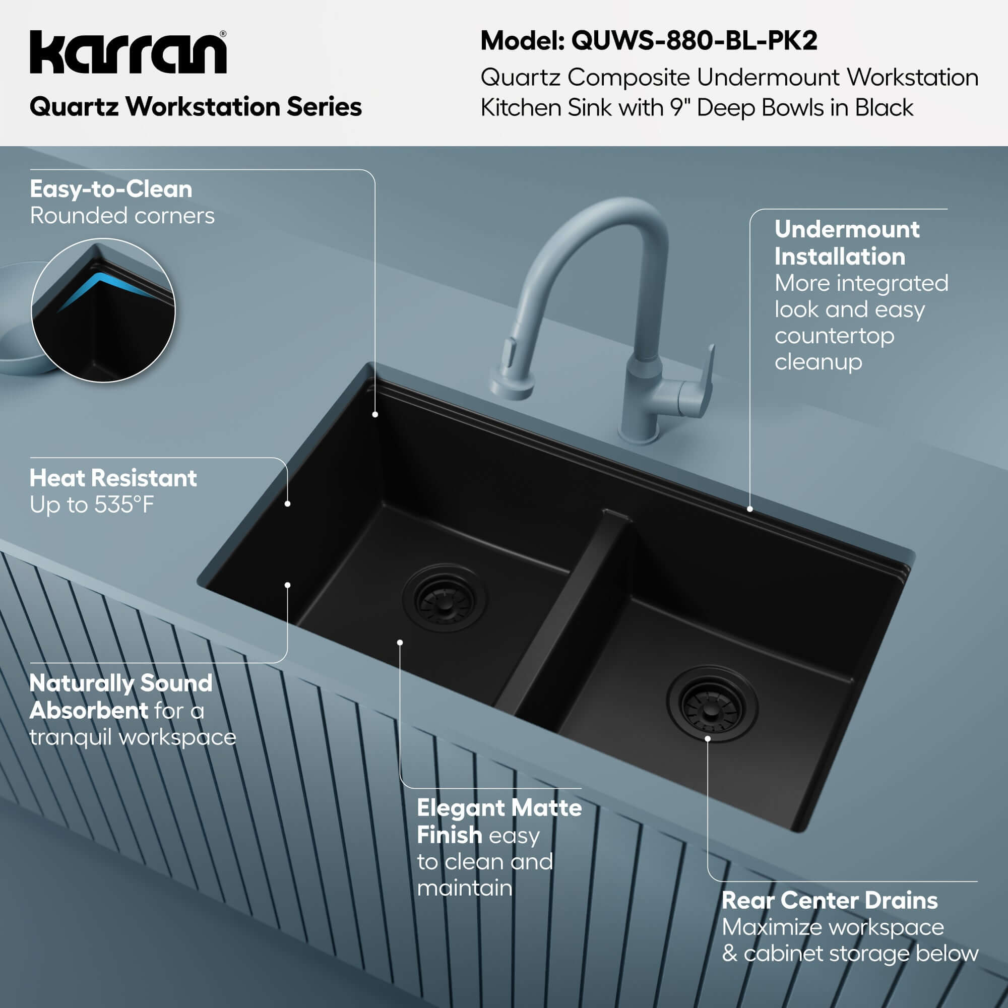 Karran 32 quartz composite workstation kitchen sink 50/50 double bowl black informational image