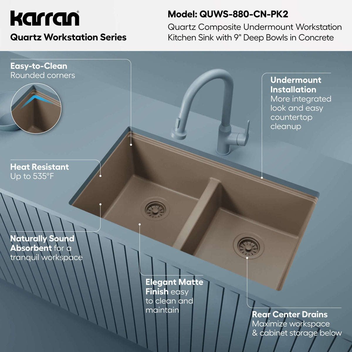 Karran 32 quartz composite workstation kitchen sink 50/50 double bowl concrete informational image