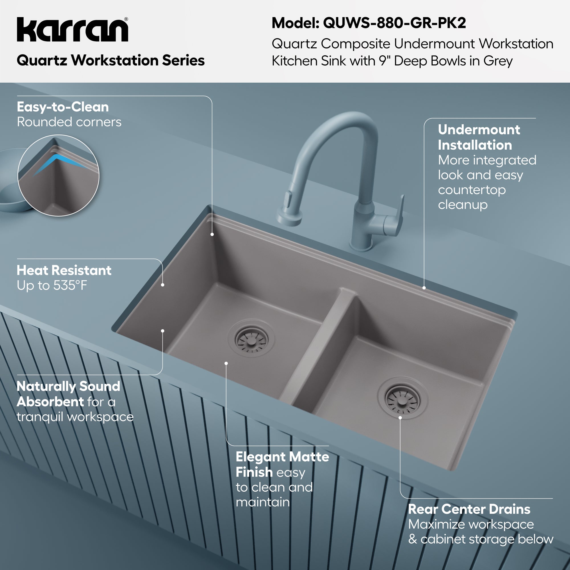 Karran 32 quartz composite workstation kitchen sink 50/50 double bowl grey informational image