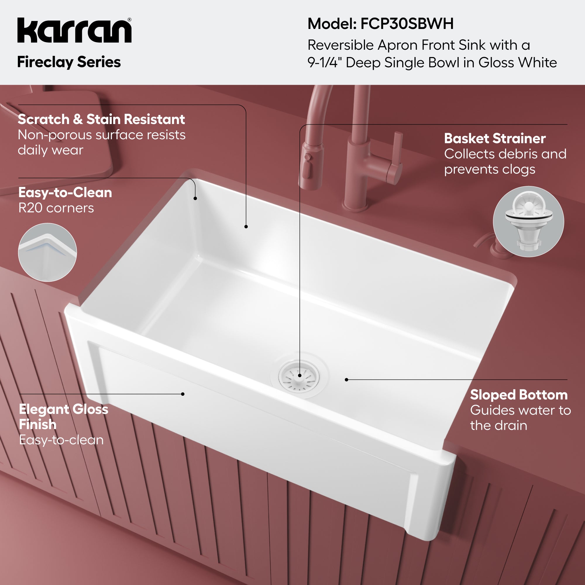 Alternative View of Karran Fireclay 30" Fireclay Farmhouse Sink with Accessories, White, FCP30SBWH