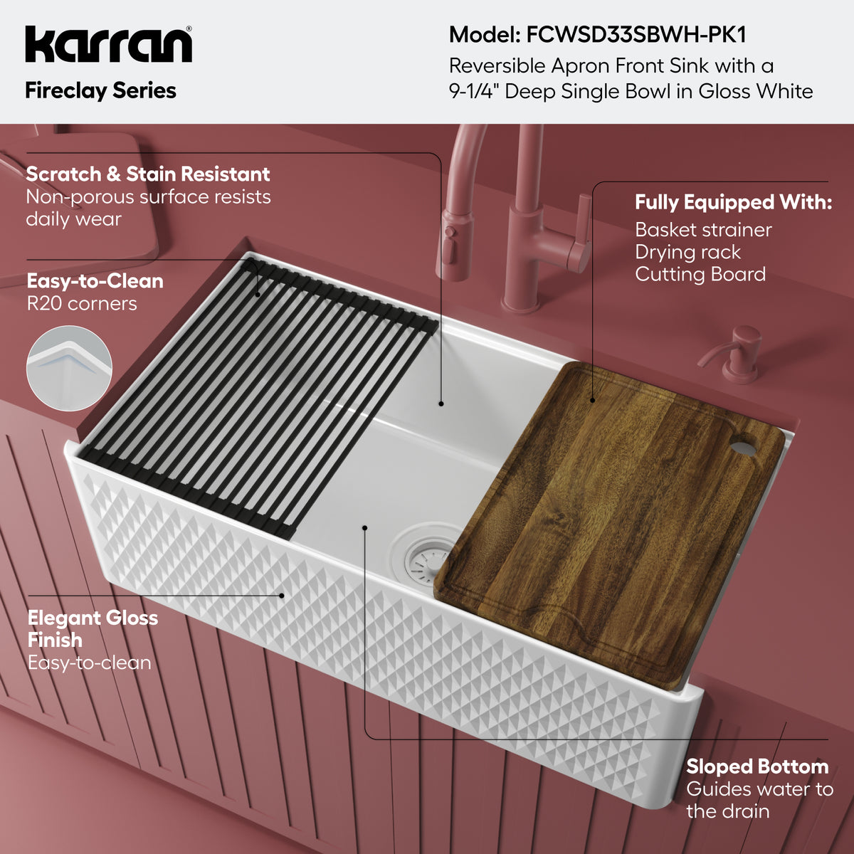 Alternative View of Karran Fireclay 33" Fireclay Workstation Farmhouse Sink with Accessories, White, FCWSD33SBWH-PK1