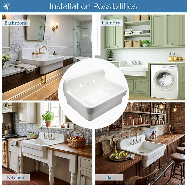 Nantucket Sinks Farm Country 24" Vitreous China Farmhouse Kitchen/Laundry/Utility Sink, White, NS-CS2418-8