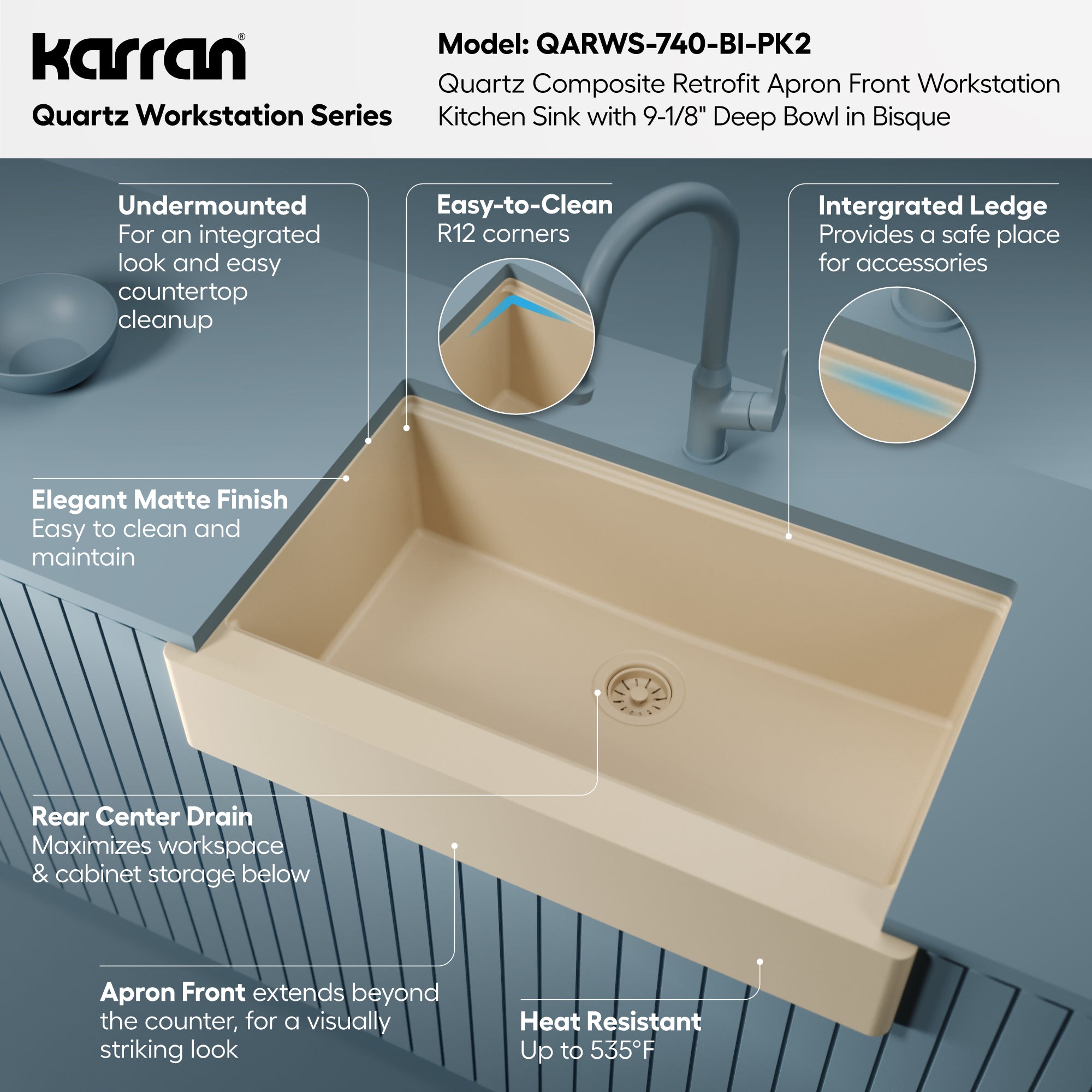Karran 34 quartz composite retrofit workstation farmhouse sink bisque informational image