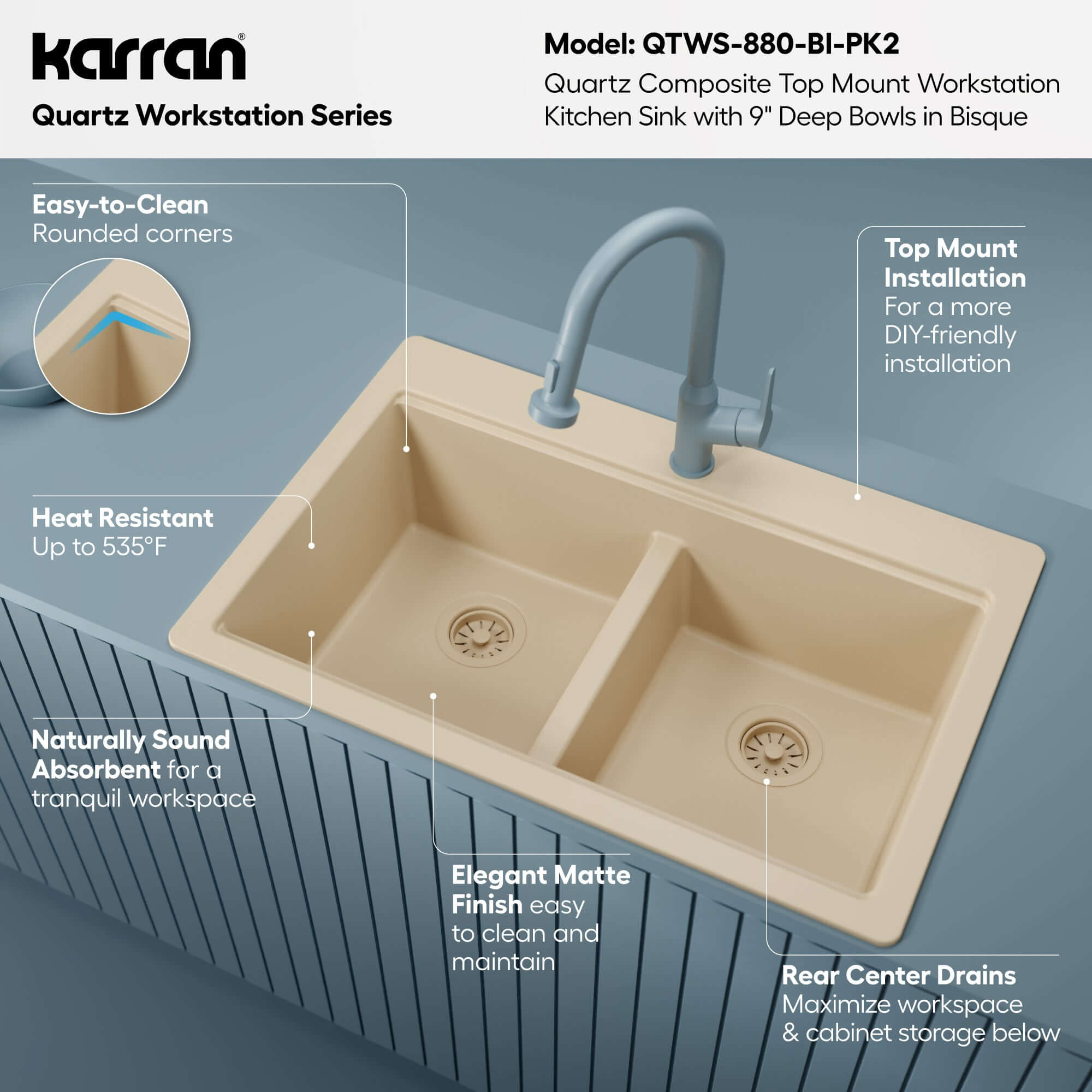 Karran 33 quartz composite workstation kitchen sink 50/50 double bowl bisque informational image
