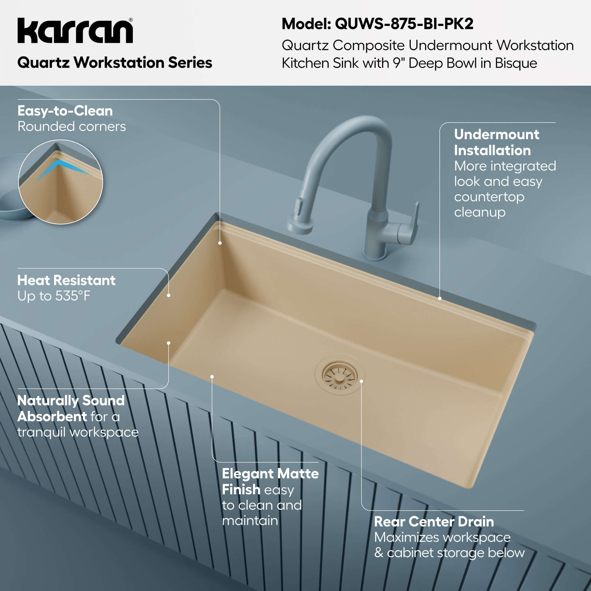 Karran 32 quartz composite workstation kitchen sink bisque informational image
