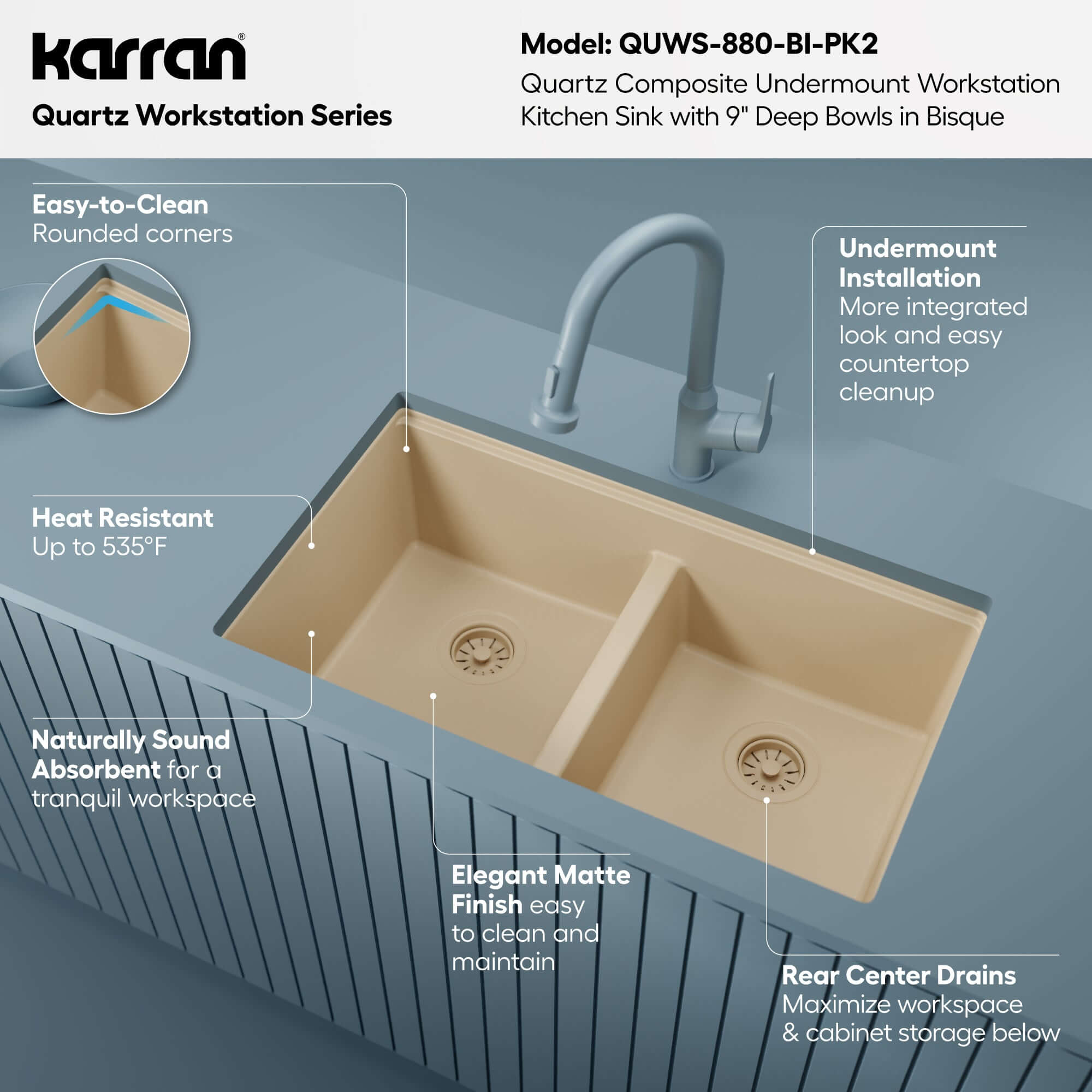 Karran 32 quartz composite workstation kitchen sink 50/50 double bowl bisque informational image