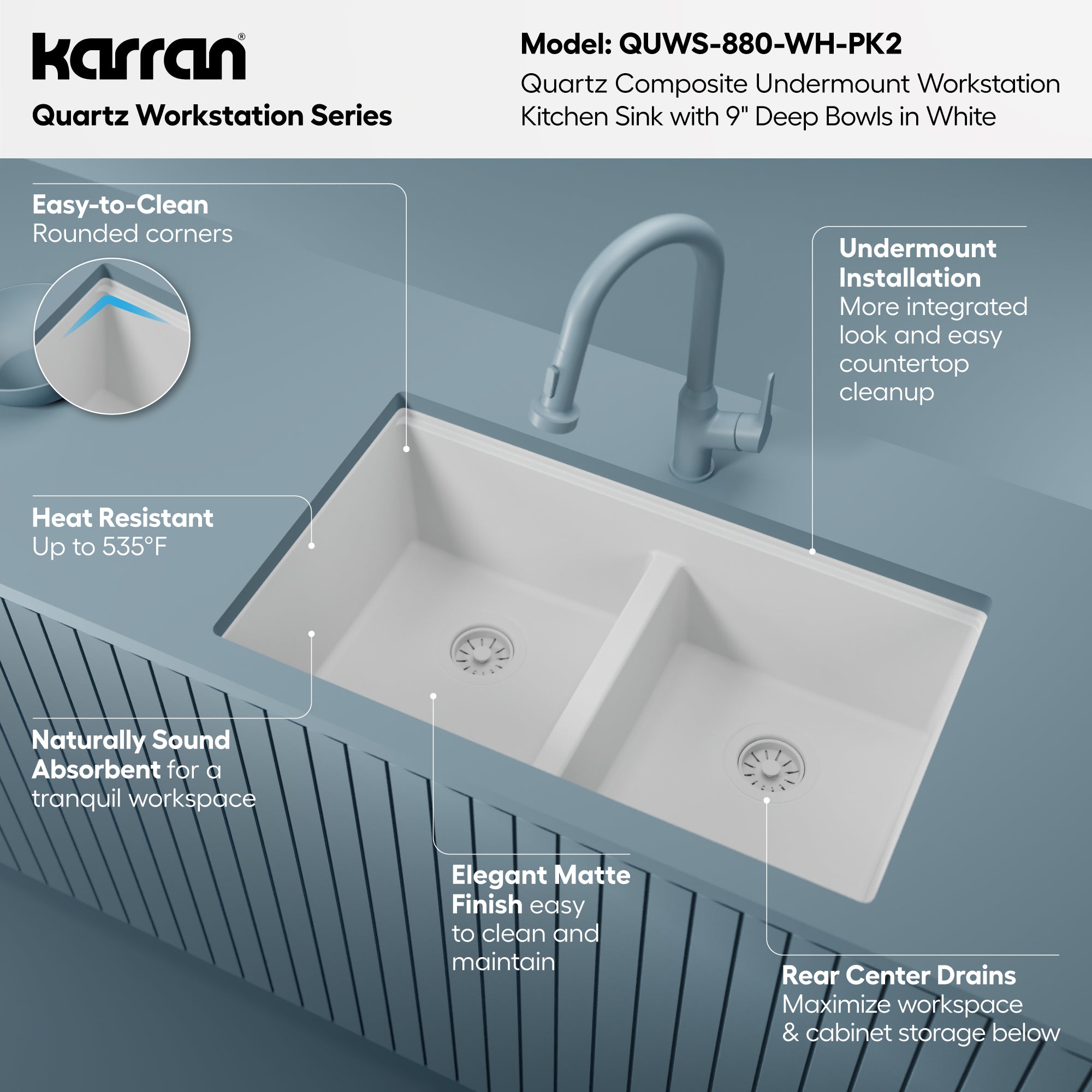 Karran 32 quartz composite workstation kitchen sink 50/50 double bowl white informational image