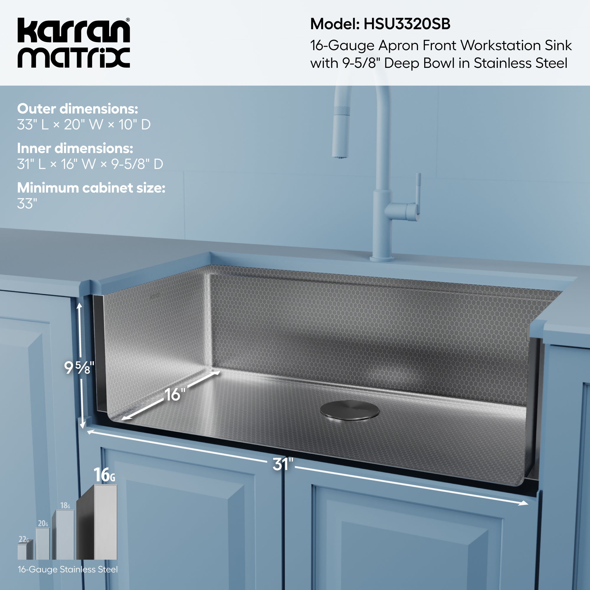 Karran 33 stainless steel workstation farmhouse sink informational image