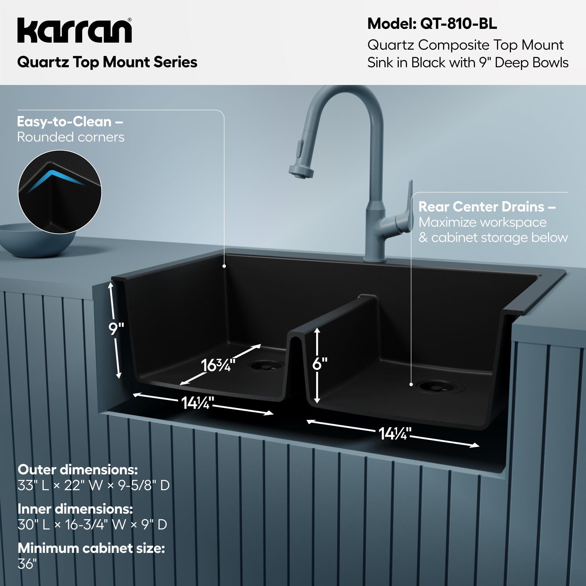 Alternative View of Karran 33" Drop In/Topmount Quartz Composite Kitchen Sink, 50/50 Double Bowl, Black, QT-810-BL