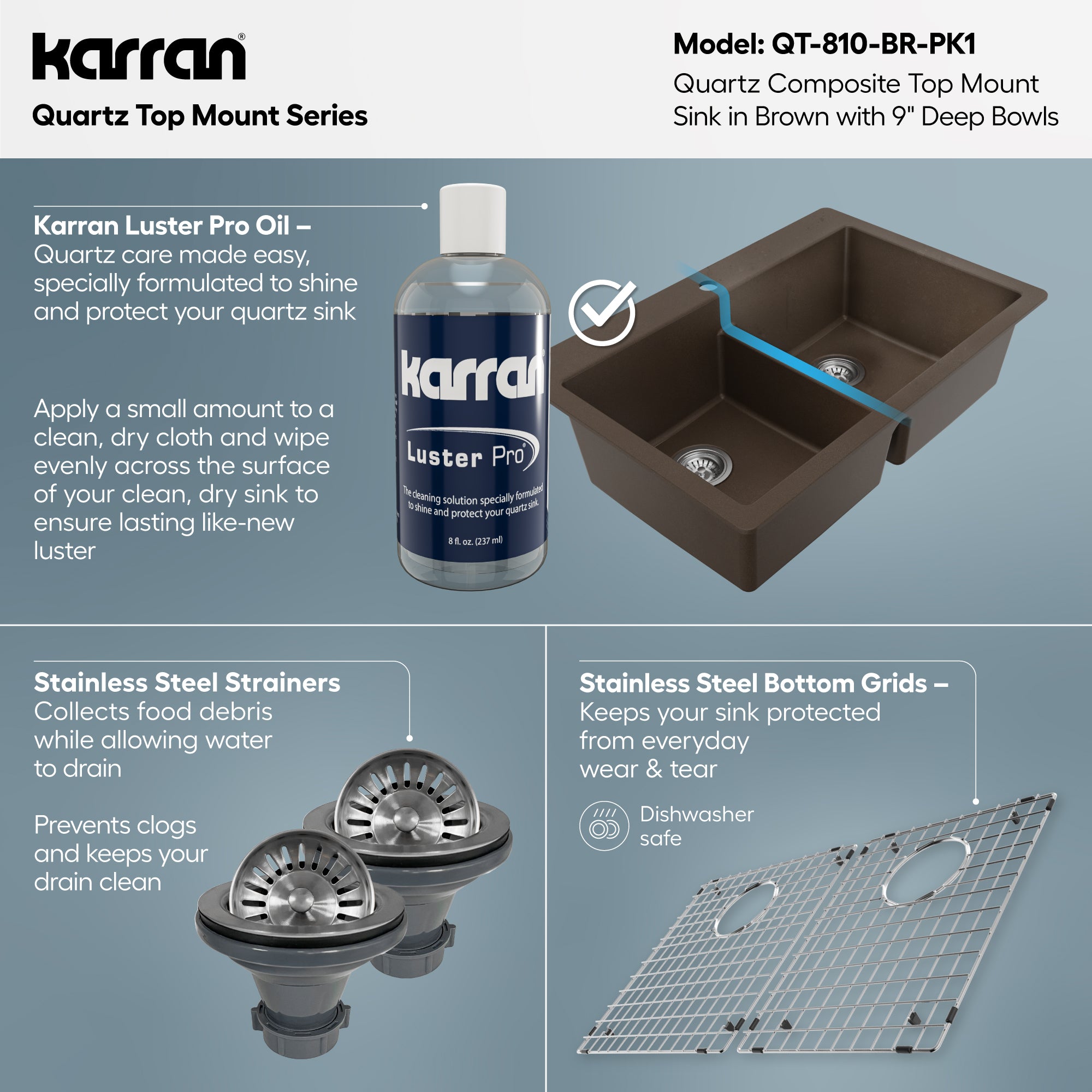 Alternative View of Karran 33" Drop In/Topmount Quartz Composite Kitchen Sink with Accessories, 50/50 Double Bowl, Brown, QT-810-BR-PK1