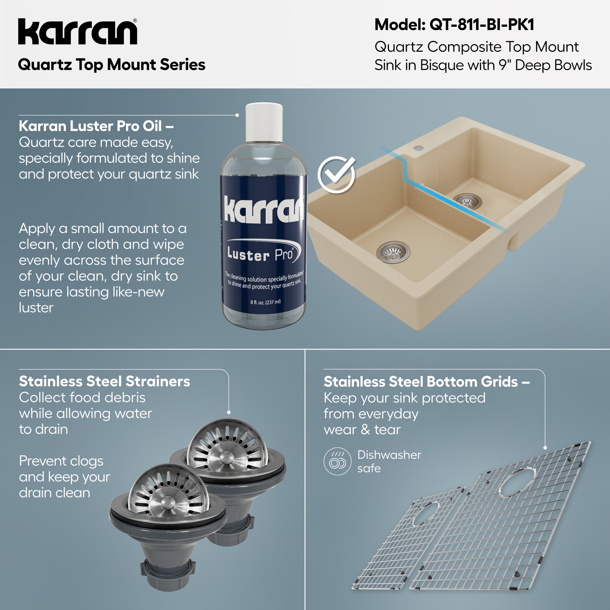 Alternative View of Karran 33" Drop In/Topmount Quartz Composite Kitchen Sink with Accessories, 60/40 Double Bowl, Bisque, QT-811-BI-PK1