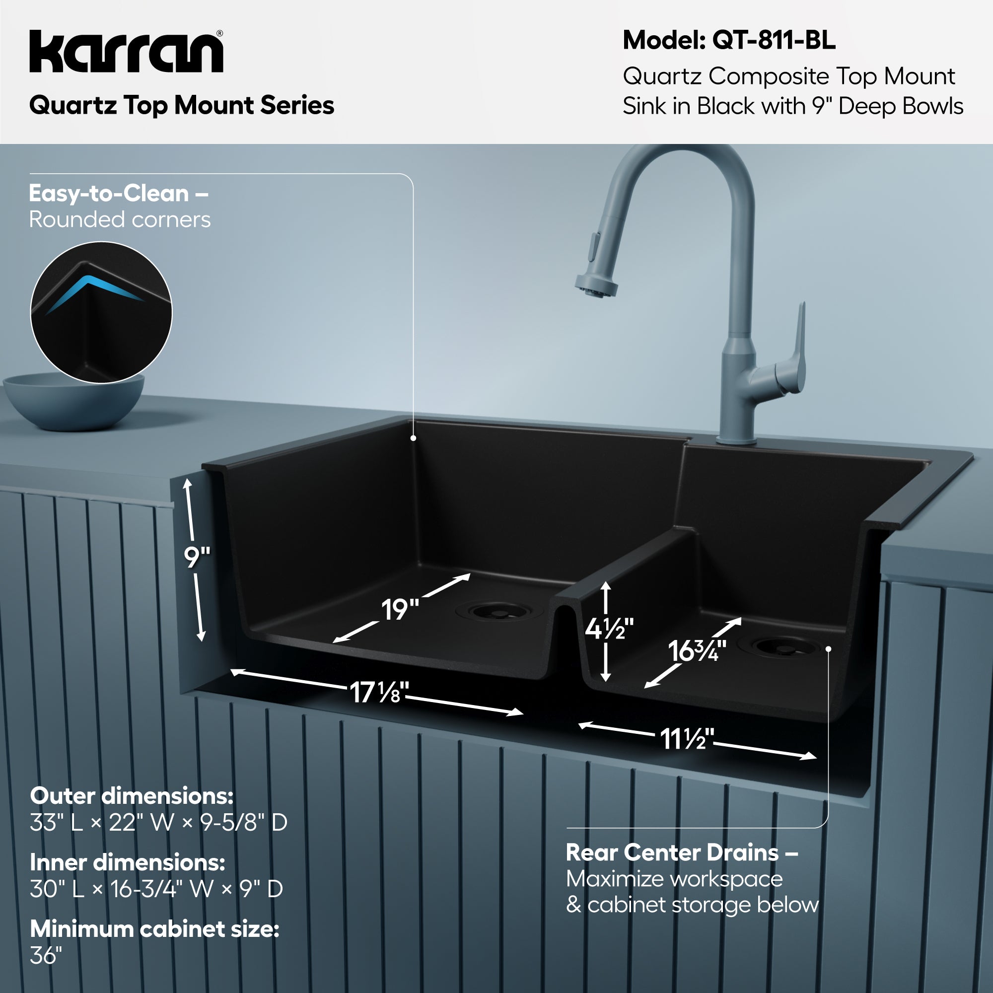 Alternative View of Karran 33" Drop In/Topmount Quartz Composite Kitchen Sink, 60/40 Double Bowl, Black, QT-811-BL