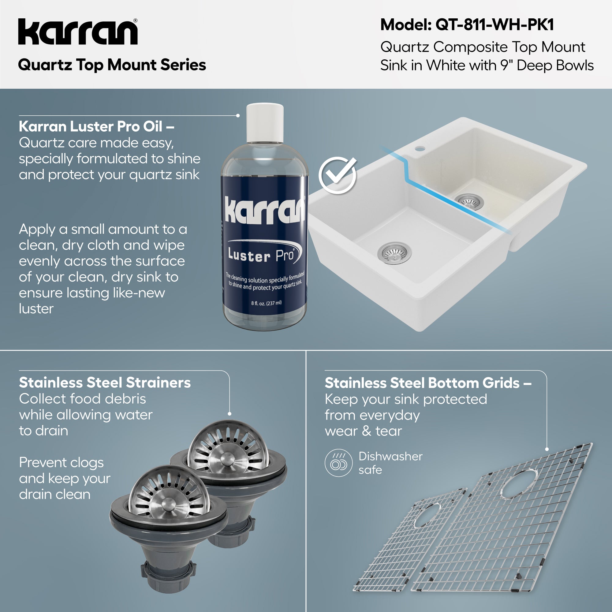 Alternative View of Karran 33" Drop In/Topmount Quartz Composite Kitchen Sink with Accessories, 60/40 Double Bowl, White, QT-811-WH-PK1