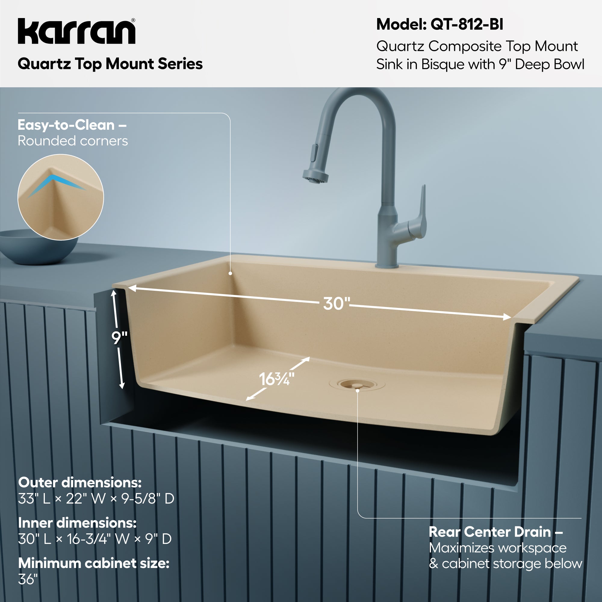 Alternative View of Karran 33" Drop In/Topmount Quartz Composite Kitchen Sink, Bisque, QT-812-BI