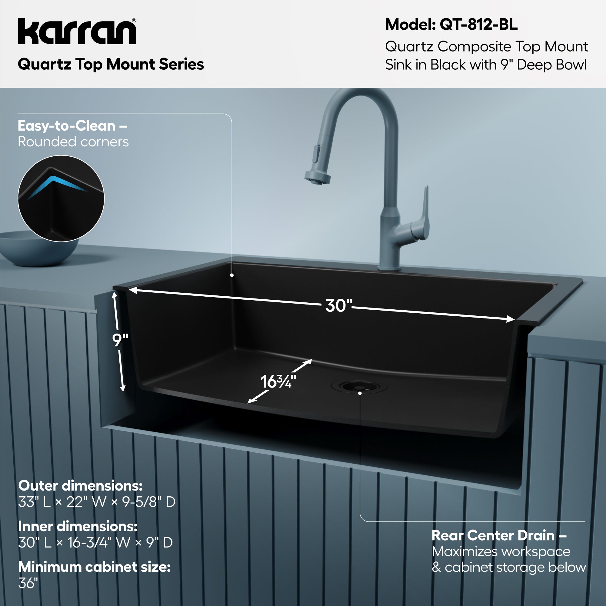 Alternative View of Karran 33" Drop In/Topmount Quartz Composite Kitchen Sink, Black, QT-812-BL