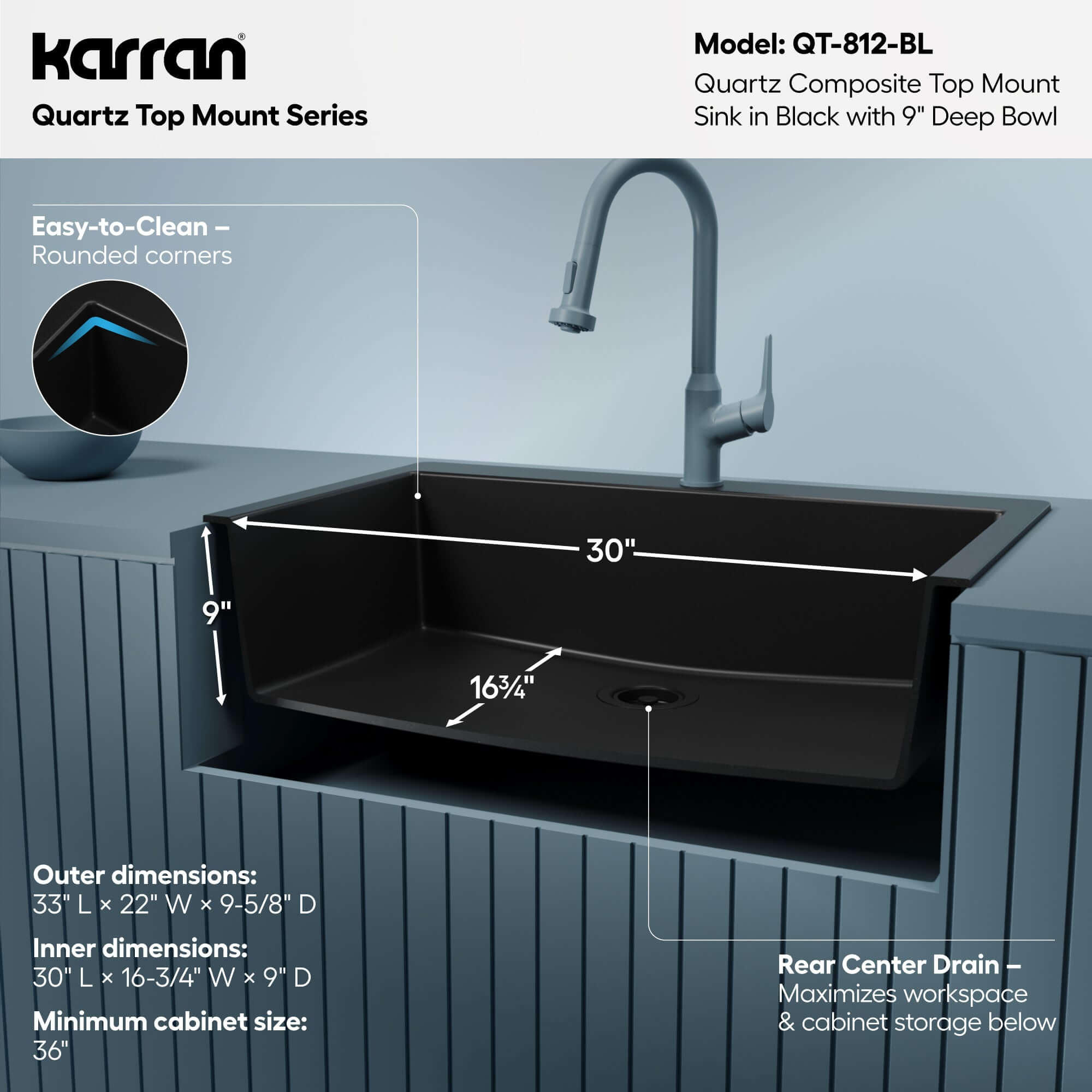 Alternative View of Karran 33" Drop In/Topmount Quartz Composite Kitchen Sink, Black, QT-812-BL