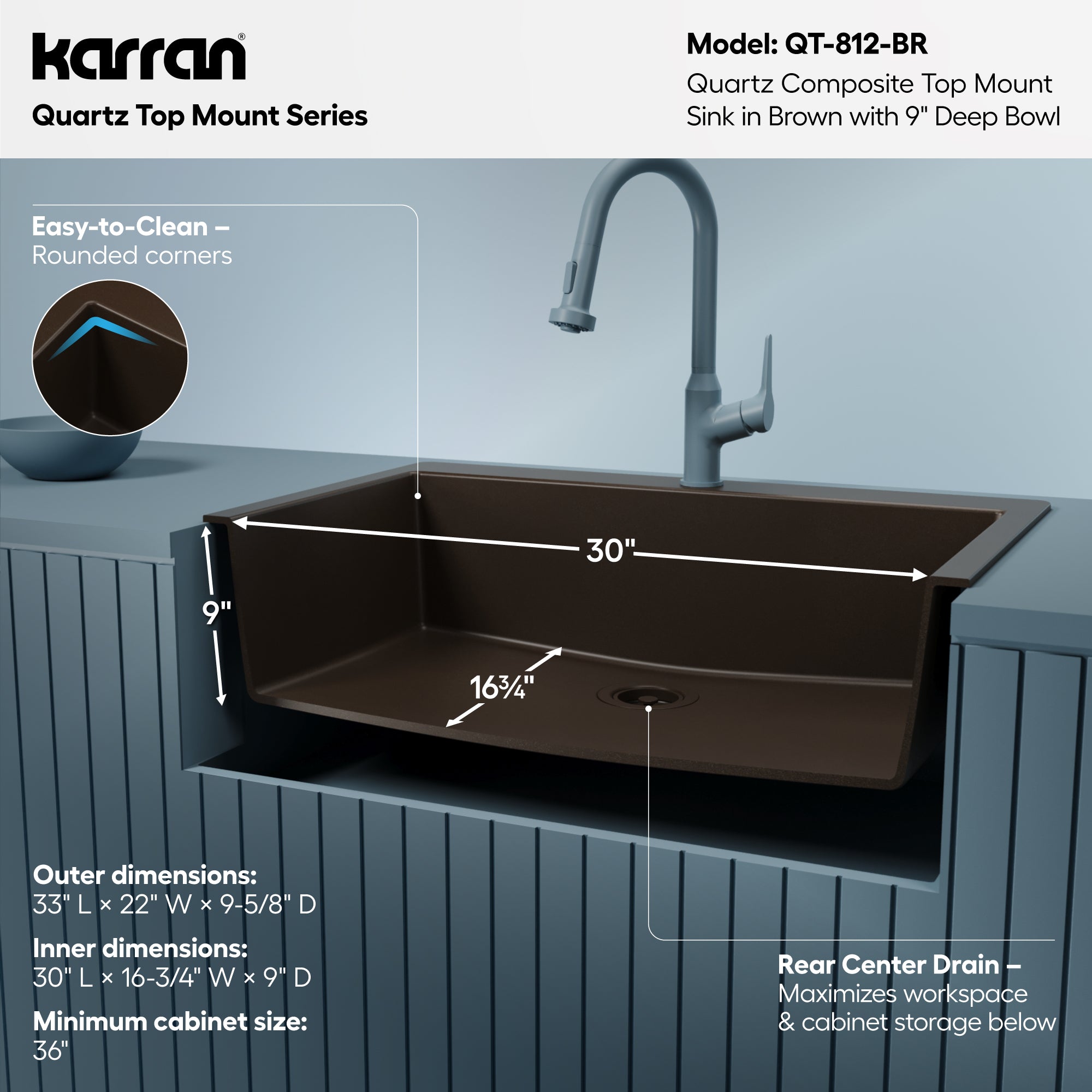 Alternative View of Karran 33" Drop In/Topmount Quartz Composite Kitchen Sink, Brown, QT-812-BR