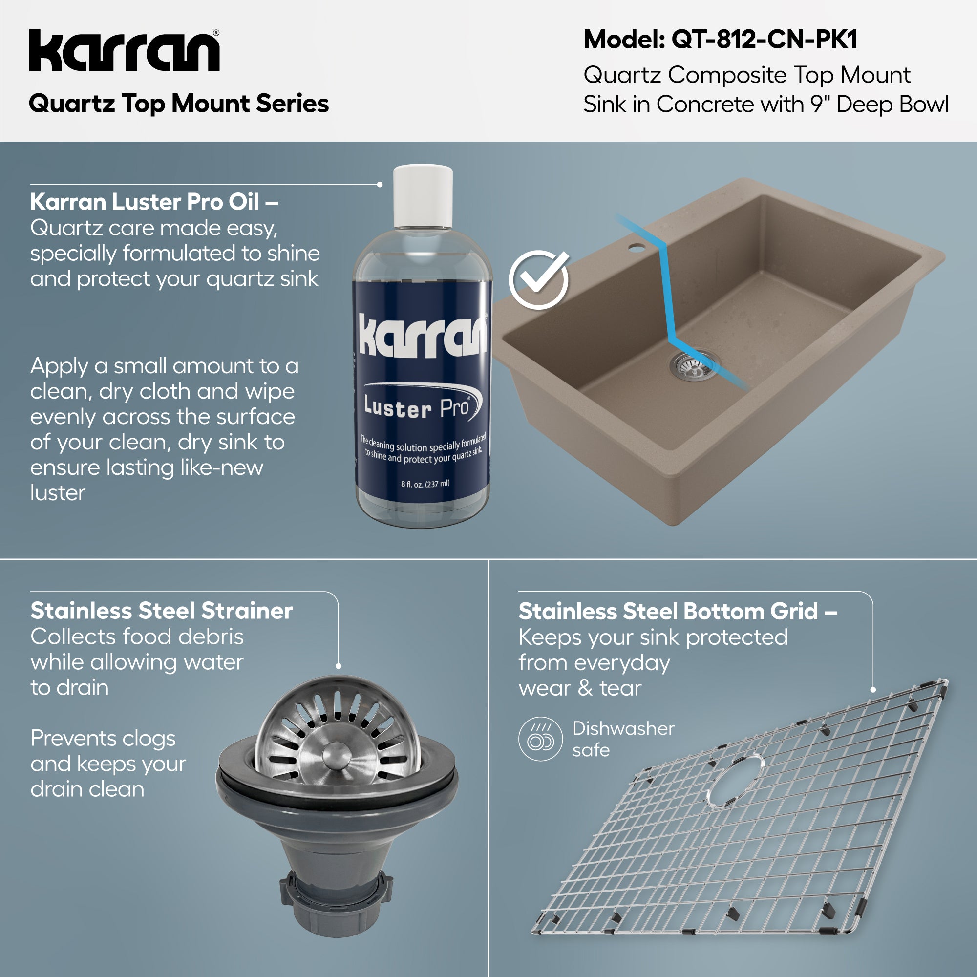 Alternative View of Karran 33" Drop In/Topmount Quartz Composite Kitchen Sink with Accessories, Concrete, QT-812-CN-PK1