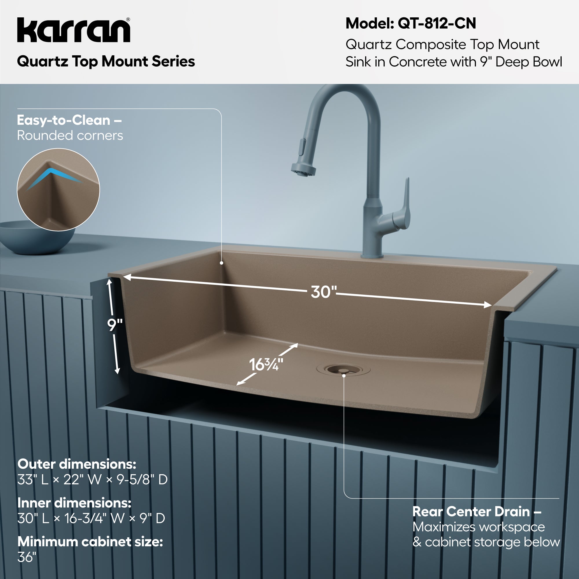 Alternative View of Karran 33" Drop In/Topmount Quartz Composite Kitchen Sink, Concrete, QT-812-CN