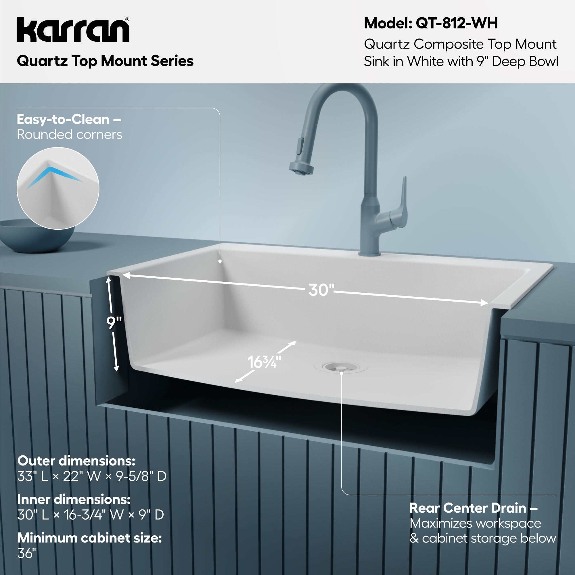 Alternative View of Karran 33" Drop In/Topmount Quartz Composite Kitchen Sink, White, QT-812-WH