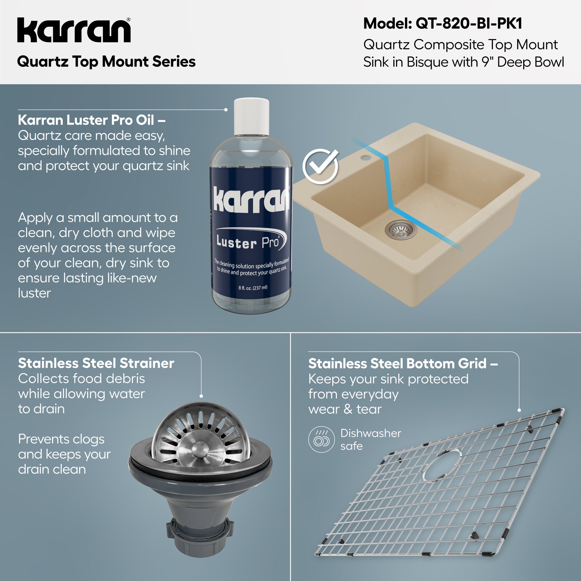 Alternative View of Karran 25" Drop In/Topmount Quartz Composite Kitchen Sink with Accessories, Bisque, QT-820-BI-PK1
