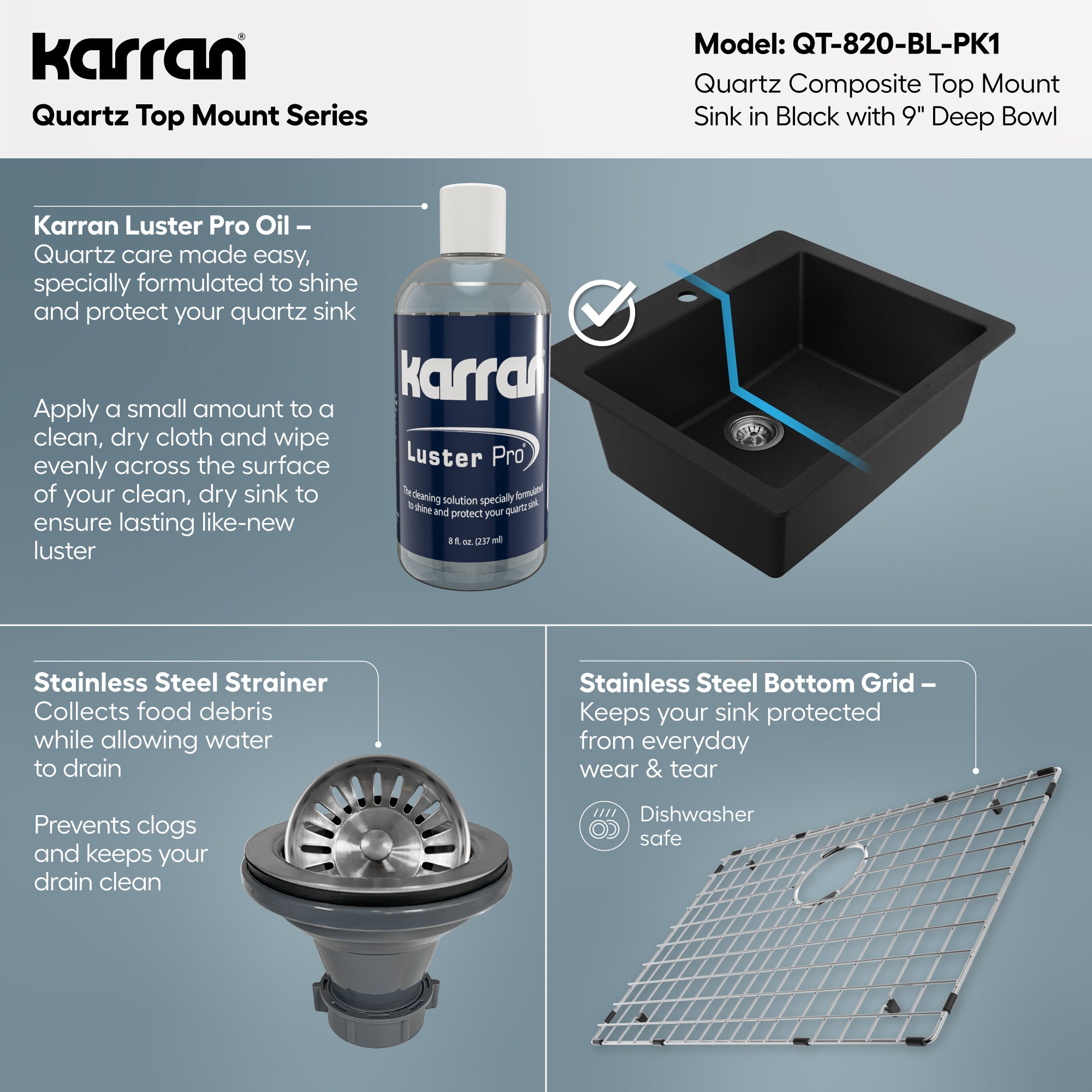 Alternative View of Karran 25" Drop In/Topmount Quartz Composite Kitchen Sink with Accessories, Black, QT-820-BL-PK1