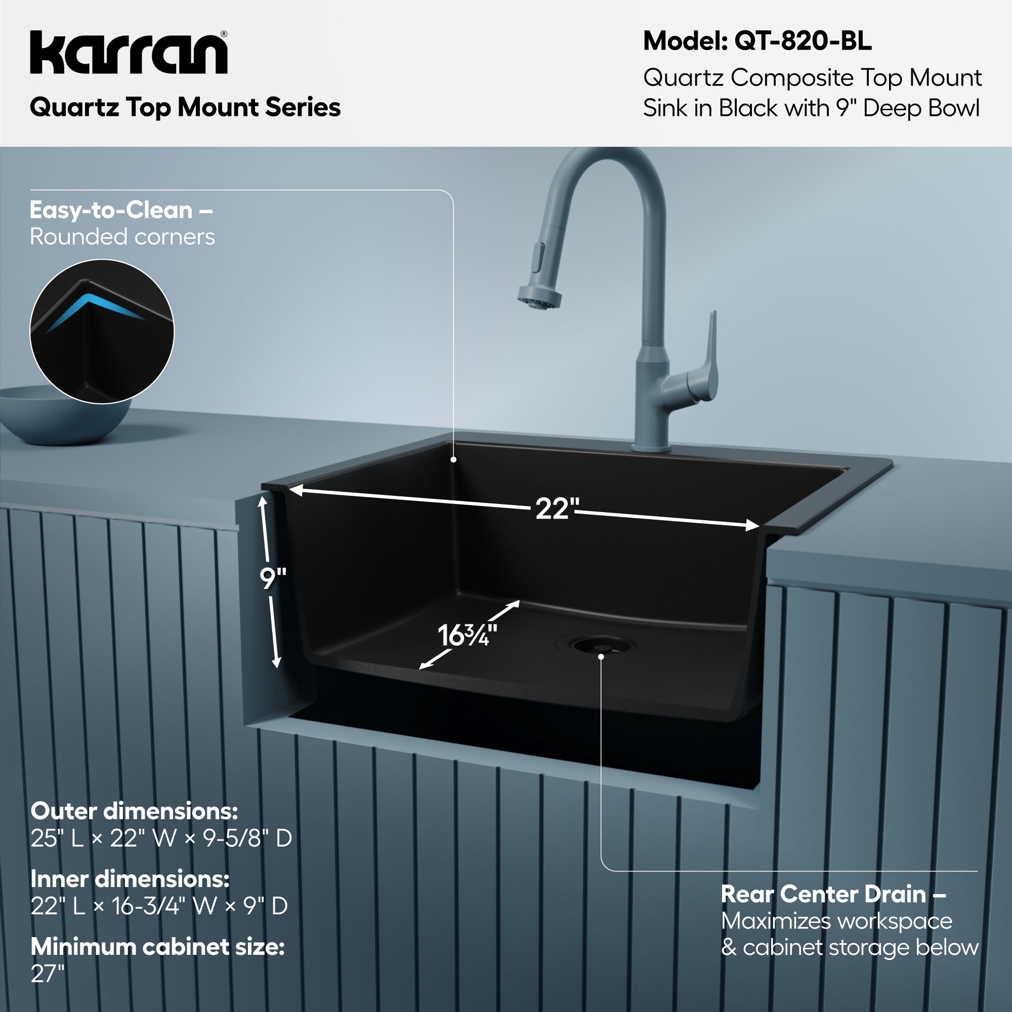 Alternative View of Karran 25" Drop In/Topmount Quartz Composite Kitchen Sink, Black, QT-820-BL