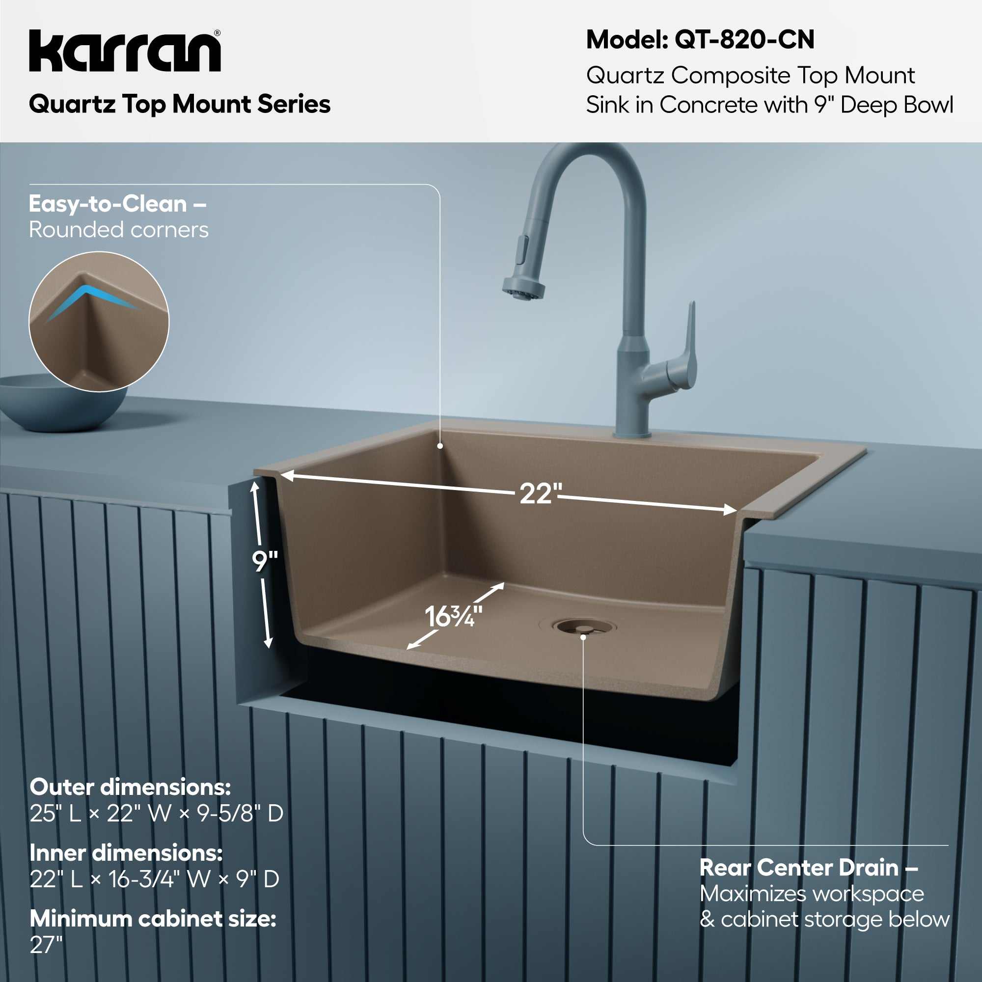 Alternative View of Karran 25" Drop In/Topmount Quartz Composite Kitchen Sink, Concrete, QT-820-CN