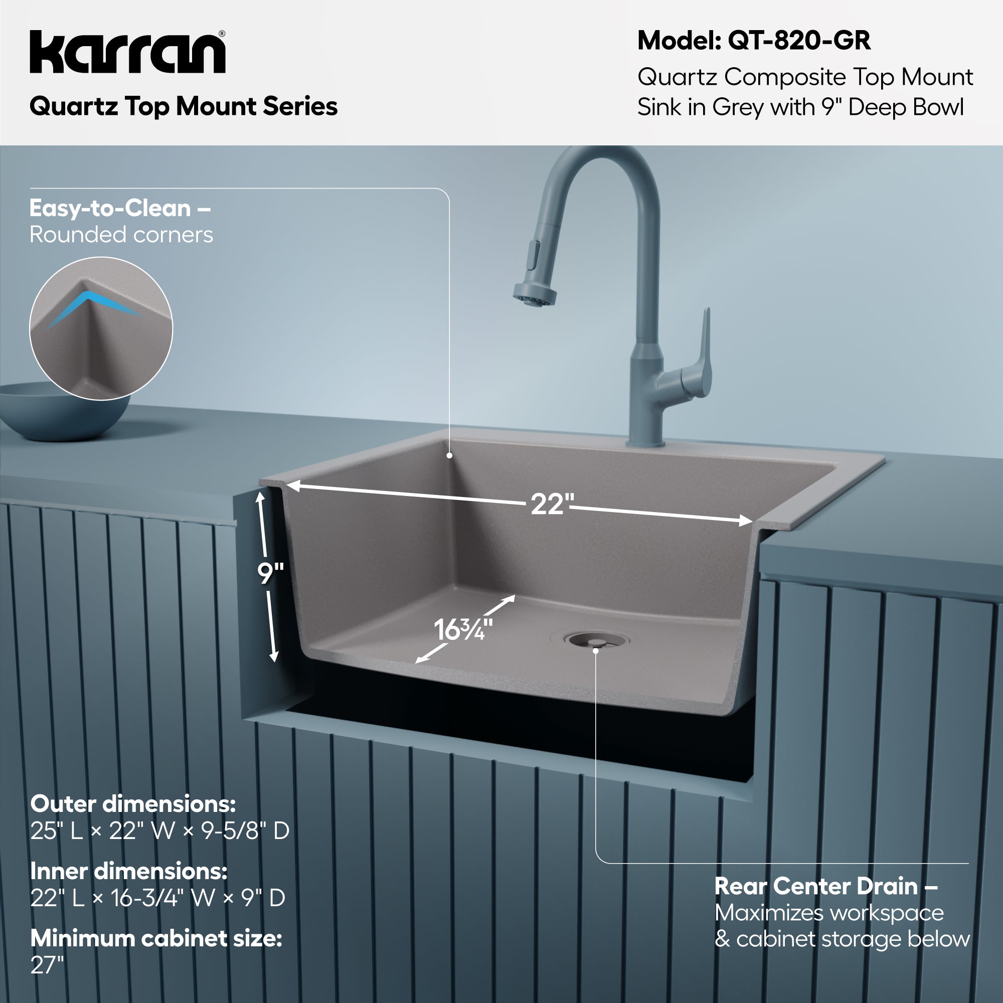 Alternative View of Karran 25" Drop In/Topmount Quartz Composite Kitchen Sink, Grey, QT-820-GR