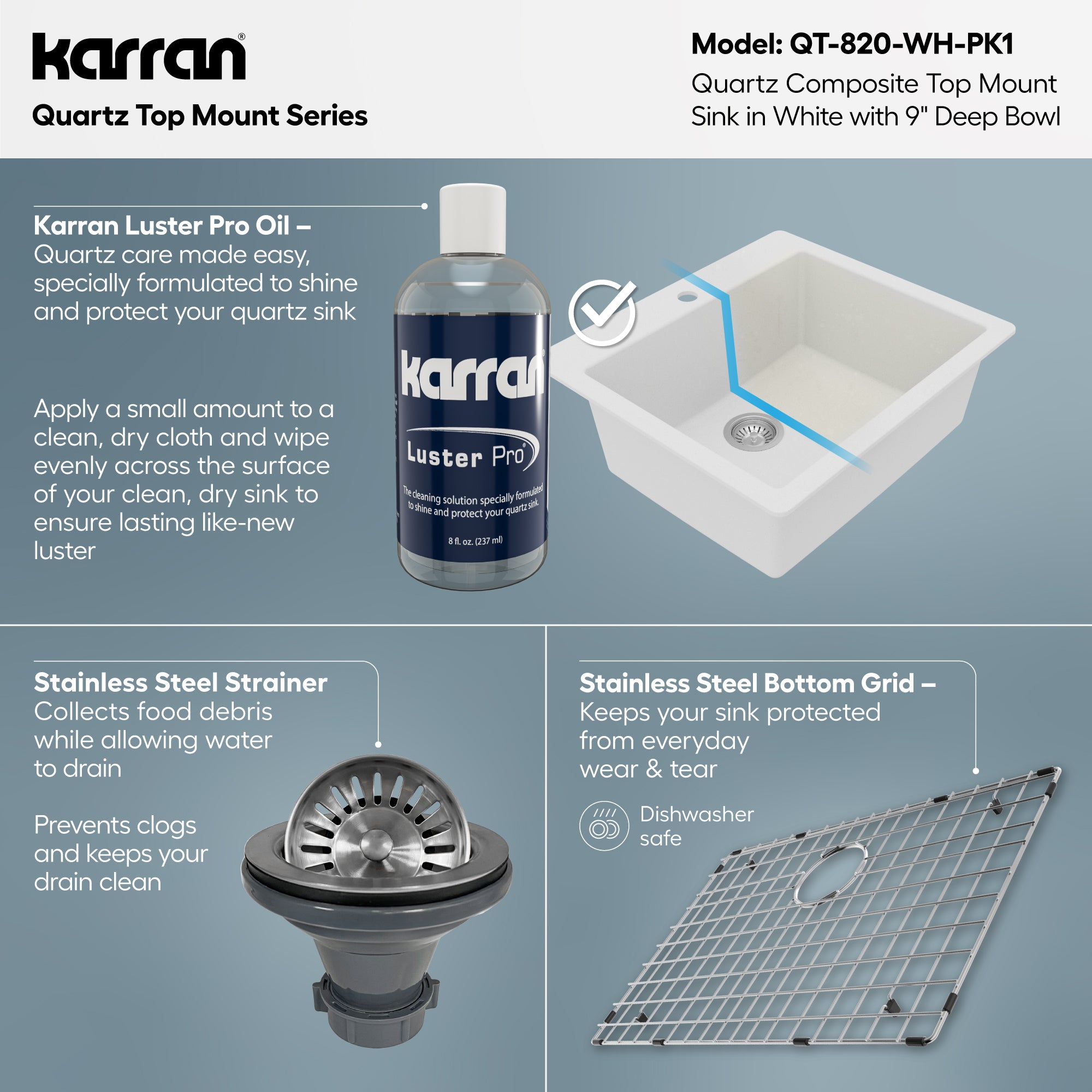 Alternative View of Karran 25" Drop In/Topmount Quartz Composite Kitchen Sink with Accessories, White, QT-820-WH-PK1