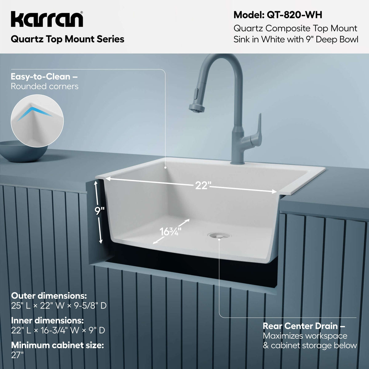 Alternative View of Karran 25" Drop In/Topmount Quartz Composite Kitchen Sink, White, QT-820-WH