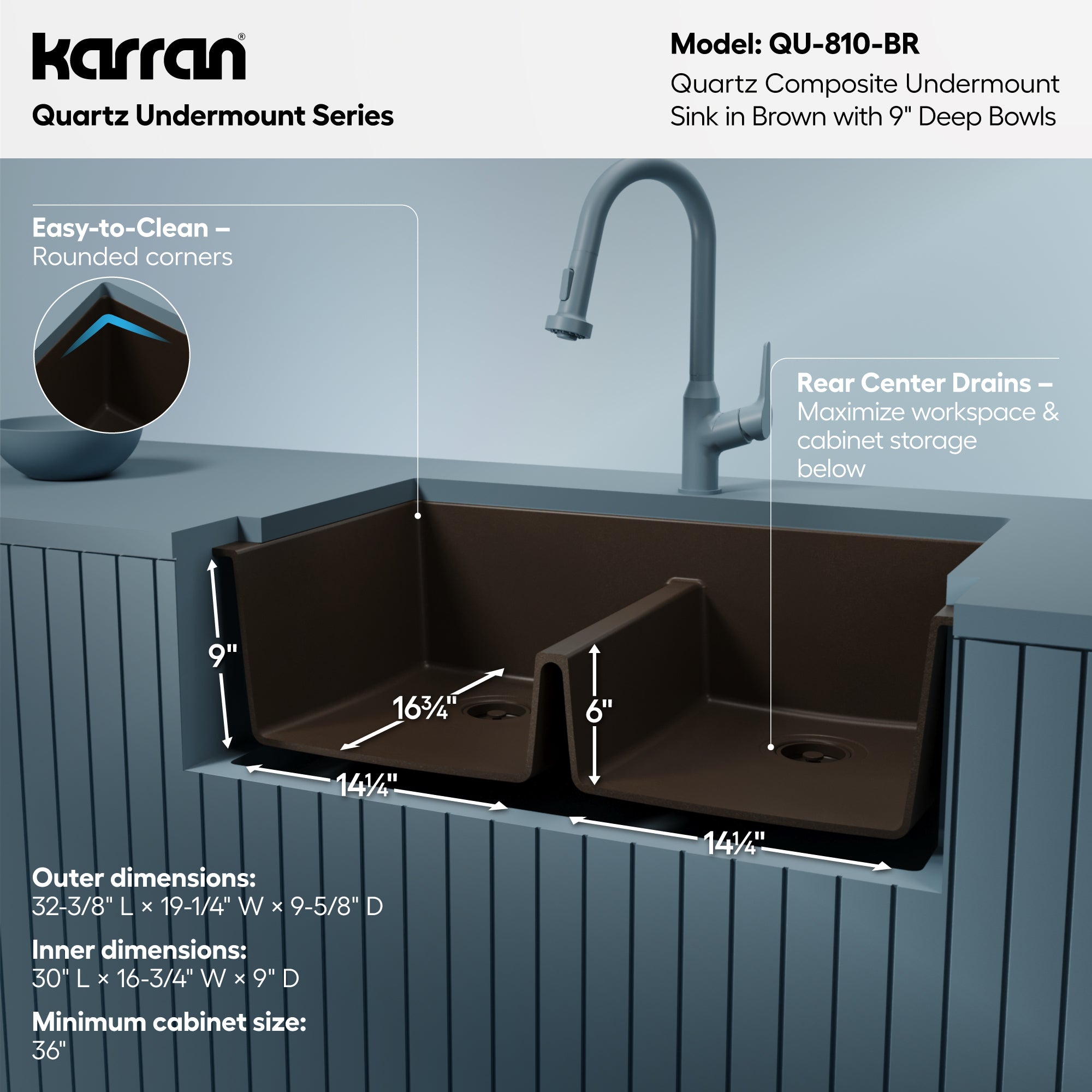 Alternative View of Karran 32" Undermount Quartz Composite Kitchen Sink, 50/50 Double Bowl, Brown, QU-810-BR