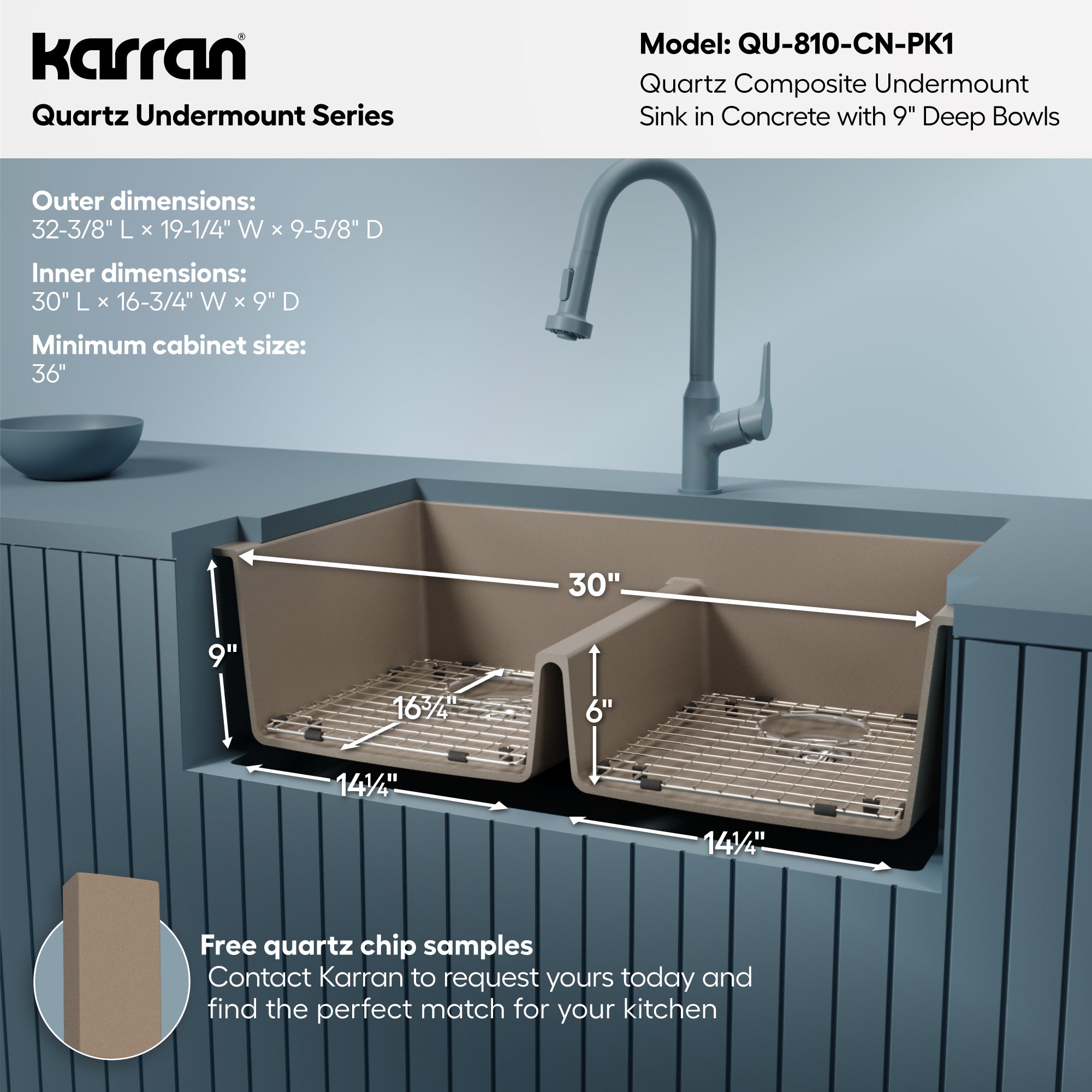 Alternative View of Karran 32" Undermount Quartz Composite Kitchen Sink with Accessories, 50/50 Double Bowl, Concrete, QU-810-CN-PK1