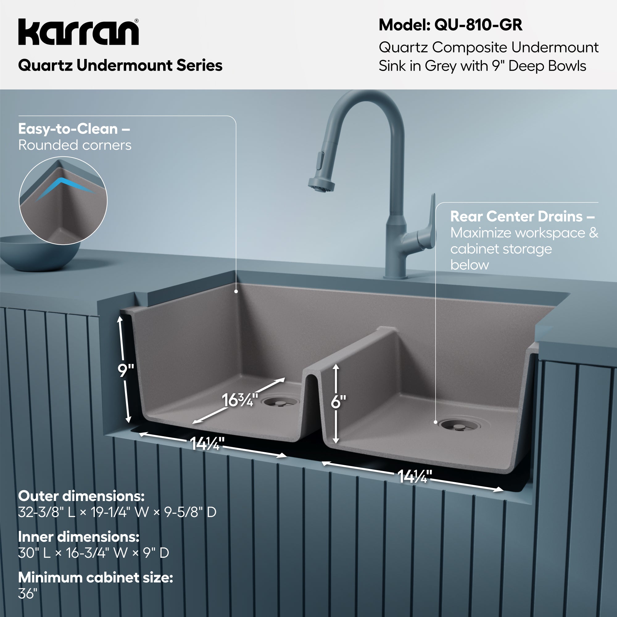 Alternative View of Karran 32" Undermount Quartz Composite Kitchen Sink, 50/50 Double Bowl, Grey, QU-810-GR